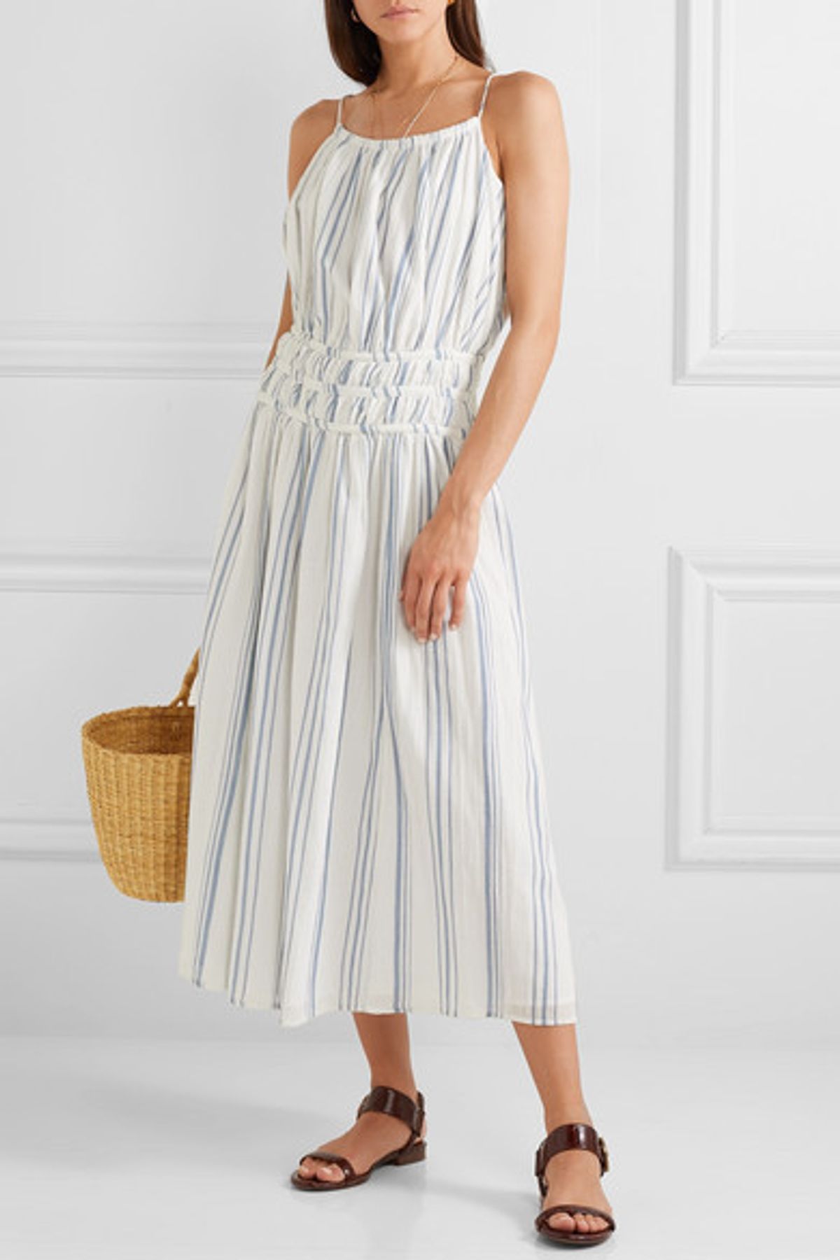 Frame Shirred Striped Cotton Voile Midi Dress Print Size 6 for rent on The Volte - main image