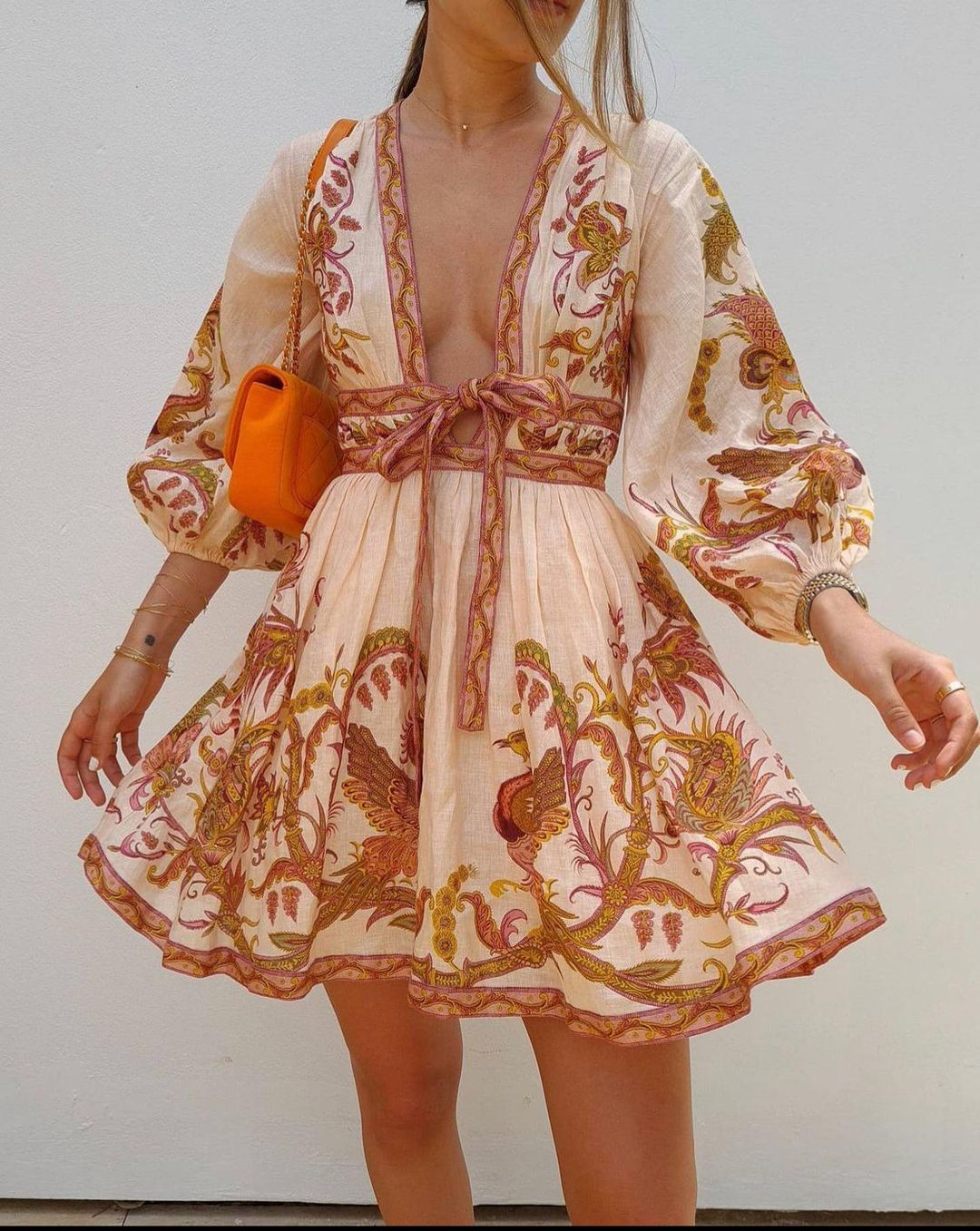 Zimmermann Cassia Plunge Bow Mini Dress Cream Bird Floral Size 6 for rent on The Volte - main image