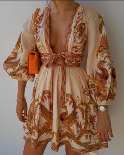 Zimmermann Cassia Plunge Bow Mini Dress Cream Bird Floral Size 6 for rent on The Volte - image 4