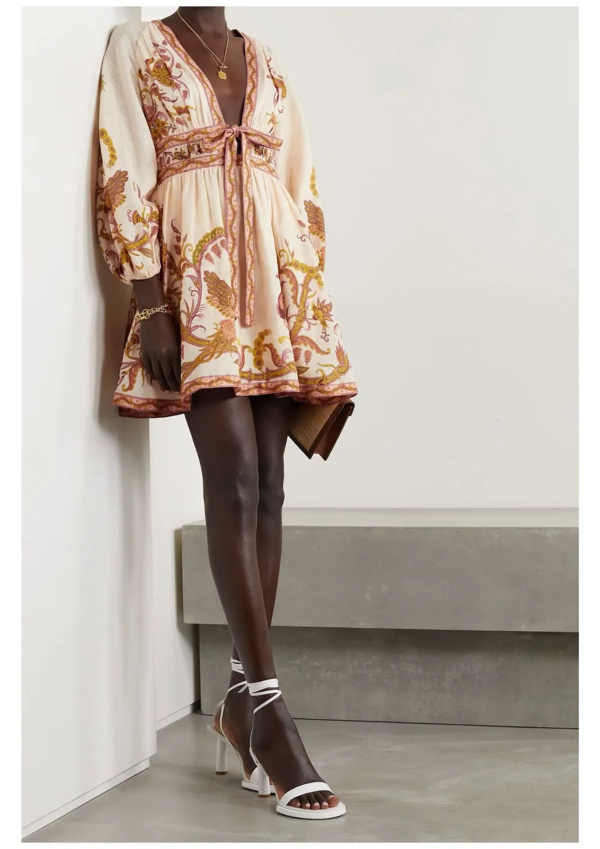Zimmermann Cassia Plunge Bow Mini Dress Cream Bird Floral Size 6 for rent on The Volte - main image