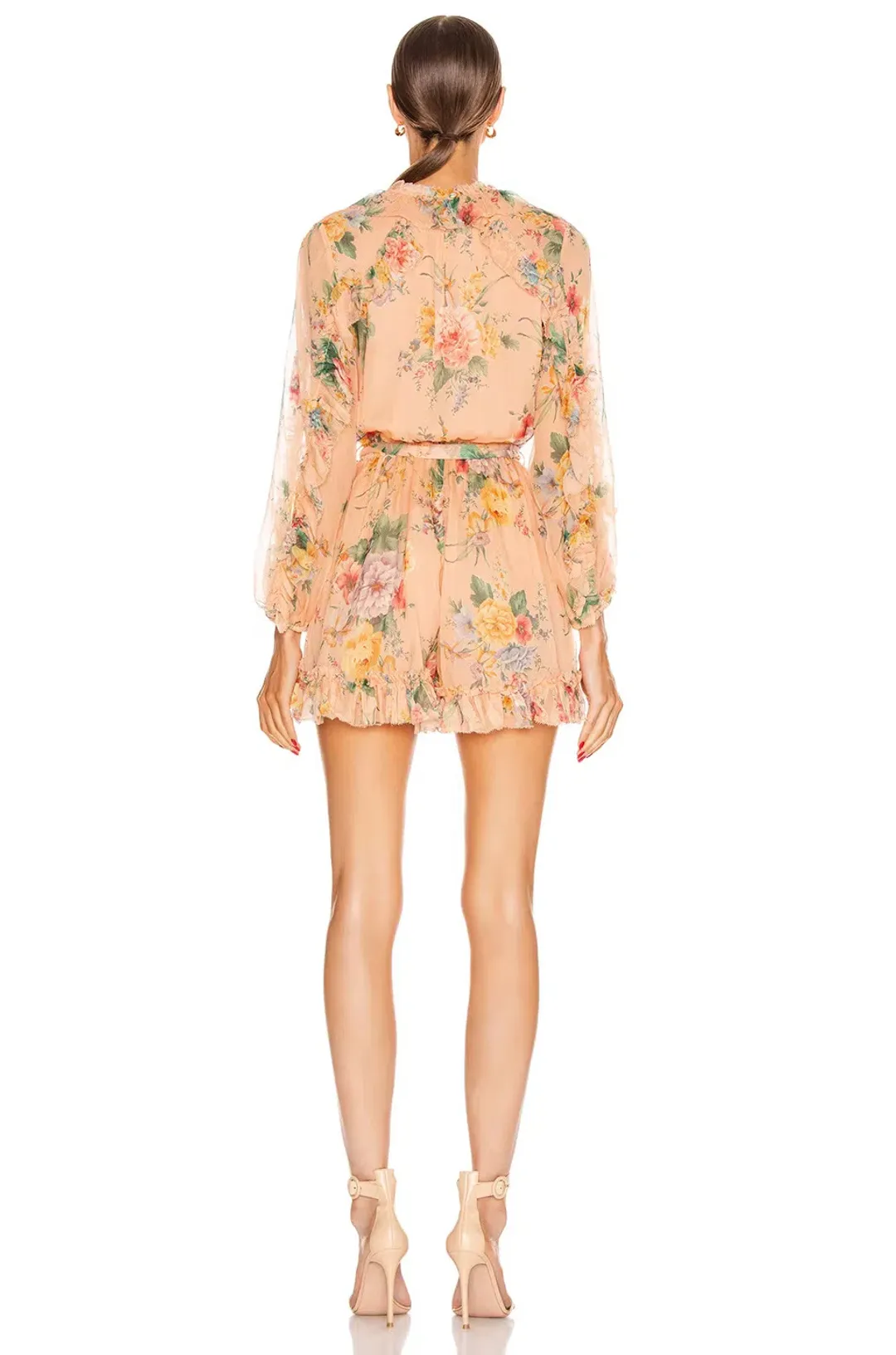Zimmermann Zinnia Plunge Ruffle Playsuit Coral Floral Size 6 for rent on The Volte - main image