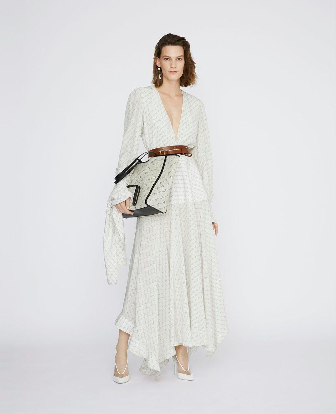 Stella McCartney Asymmetric Monogrammed Silk Deep V-neck Dress size 10 for rent on The Volte - main image