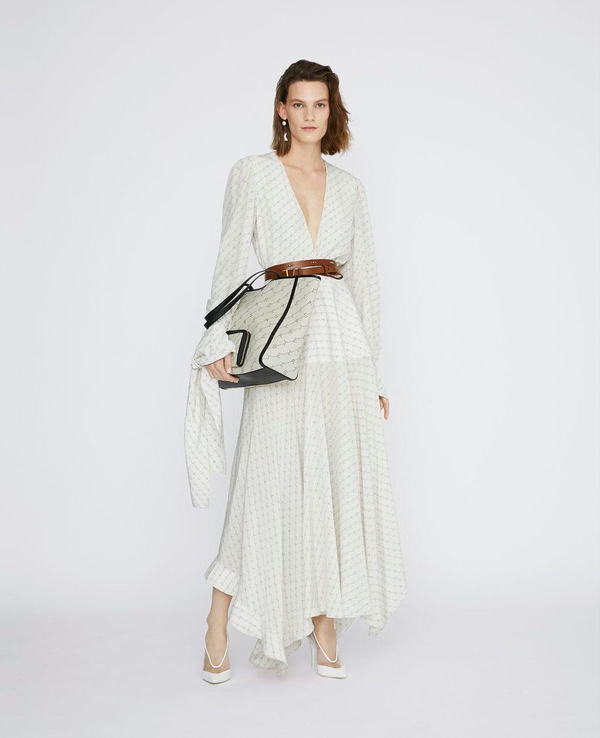 Stella McCartney Asymmetric Monogrammed Silk Deep V-neck Dress size 10 for rent on The Volte - main image