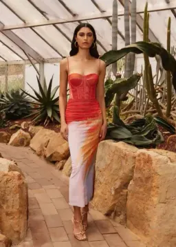 Rebecca Vallance Frida Corset Midi Dress Sunset Orange Size 6 AU for rent on The Volte - image 2
