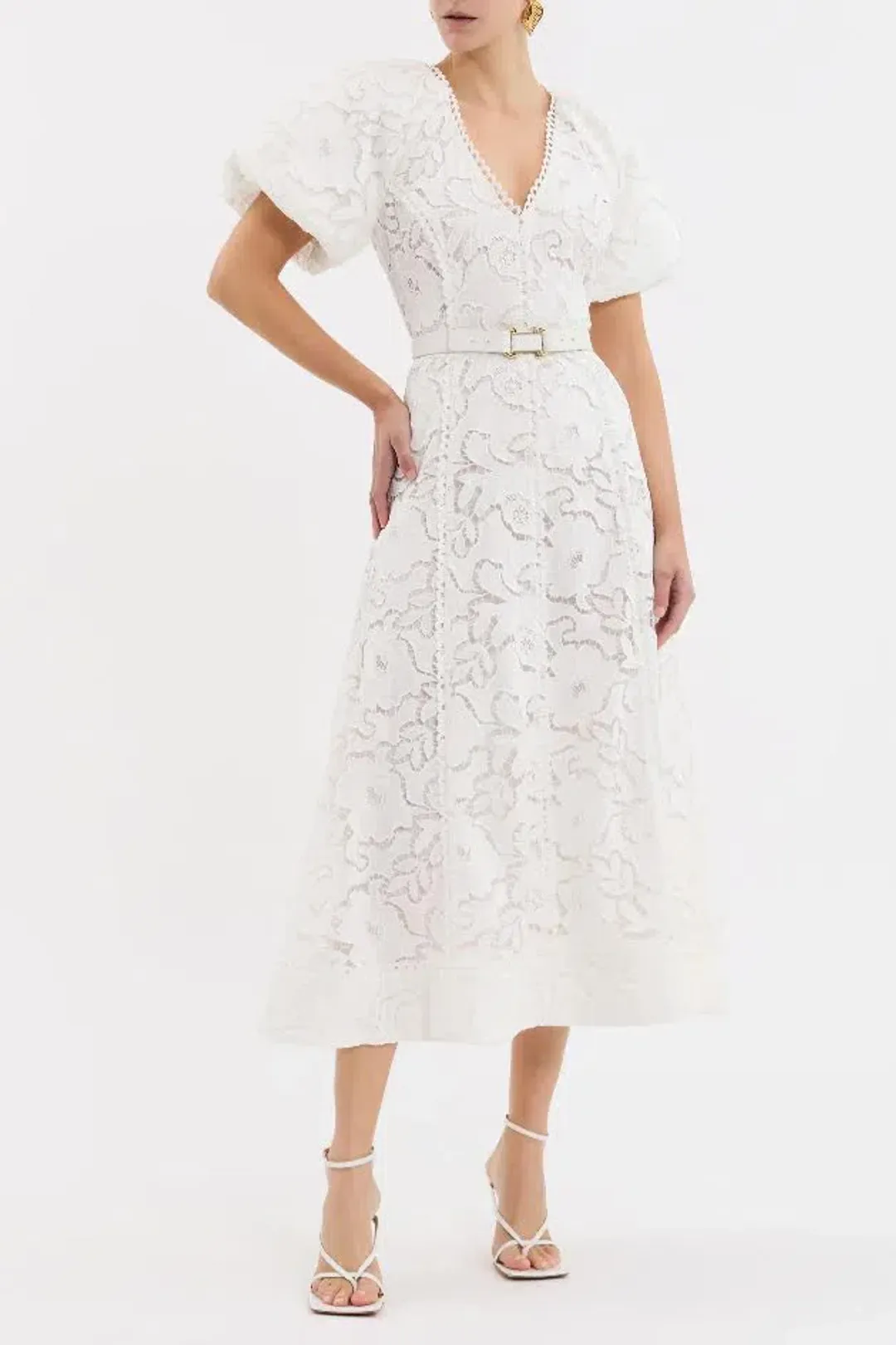 Rebecca Vallance Ginger Puff Sleeve Midi Dress Ivory White Size 6 AU for rent on The Volte - main image