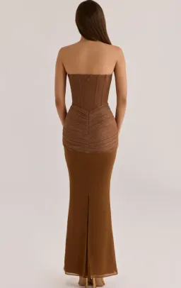 House of CB Charlotte Bronze Shimmer Chiffon + Mesh Strapless Maxi Dress Brown Size S / 8 for rent on The Volte - image 2