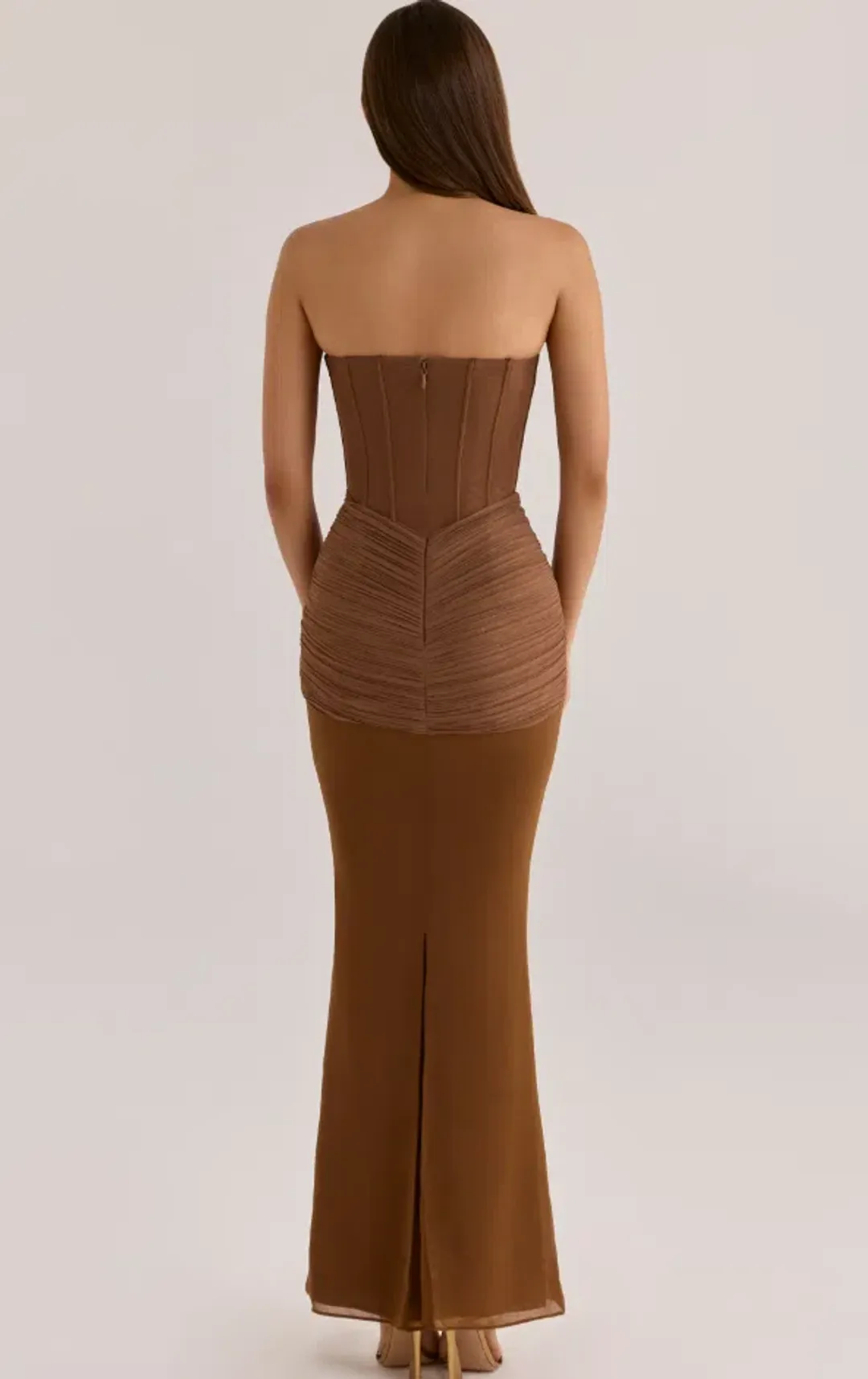 House of CB Charlotte Bronze Shimmer Chiffon + Mesh Strapless Maxi Dress Brown Size L / 12 for rent on The Volte - main image