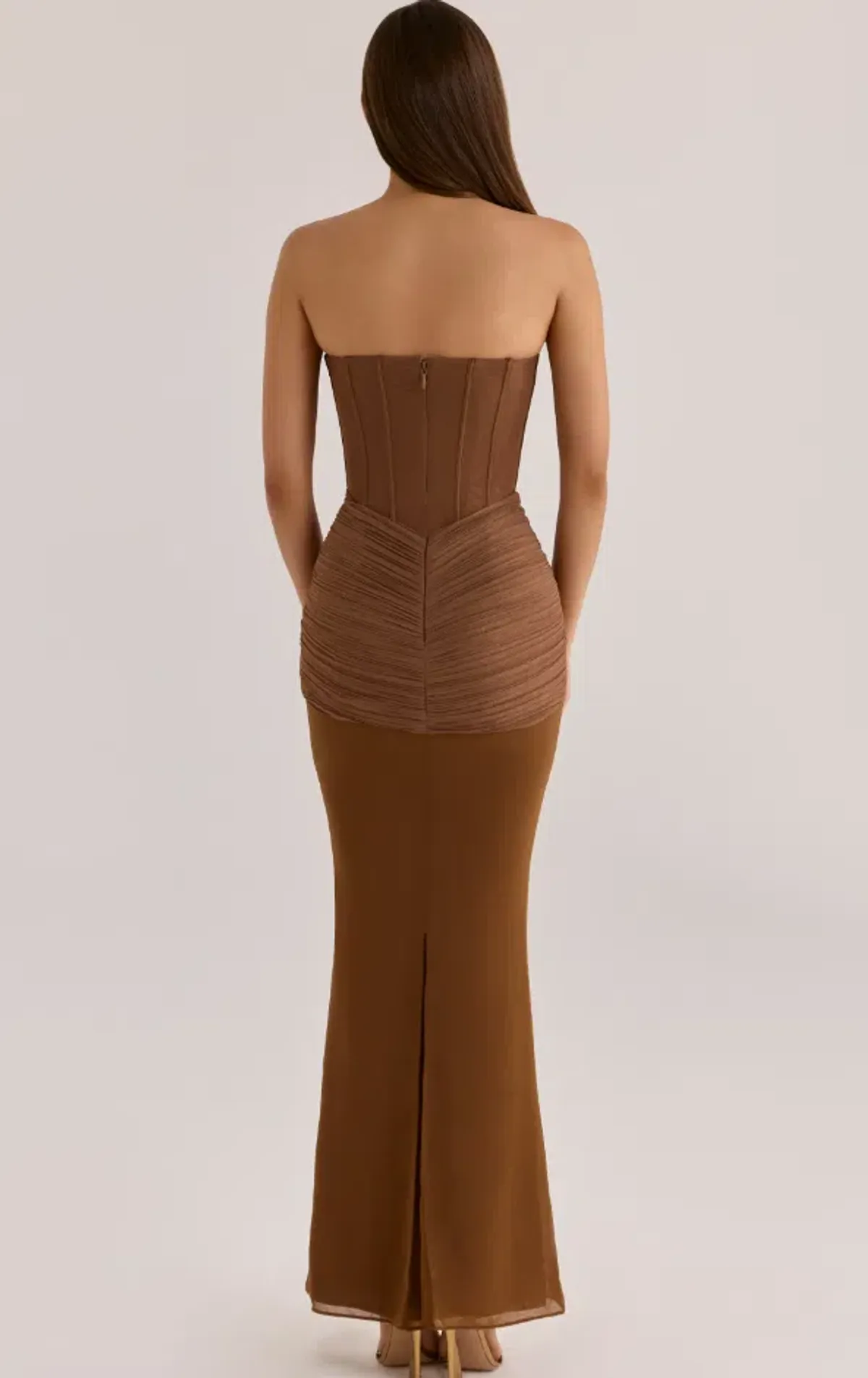 House of CB Charlotte Bronze Shimmer Chiffon + Mesh Strapless Maxi Dress Brown Size L / 12 - Image 2