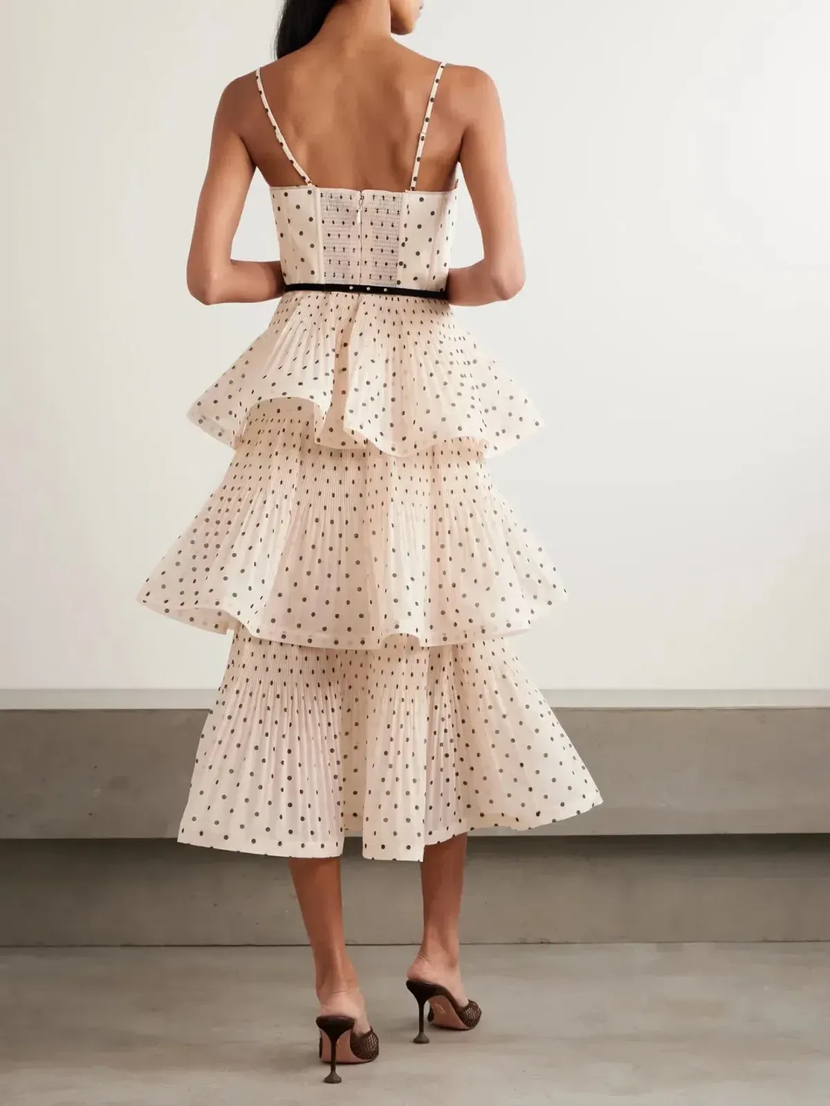 Zimmermann Pleated Tiered Midi Dress in Cream Black Polka Dot Size 1/AU10 - Image 2