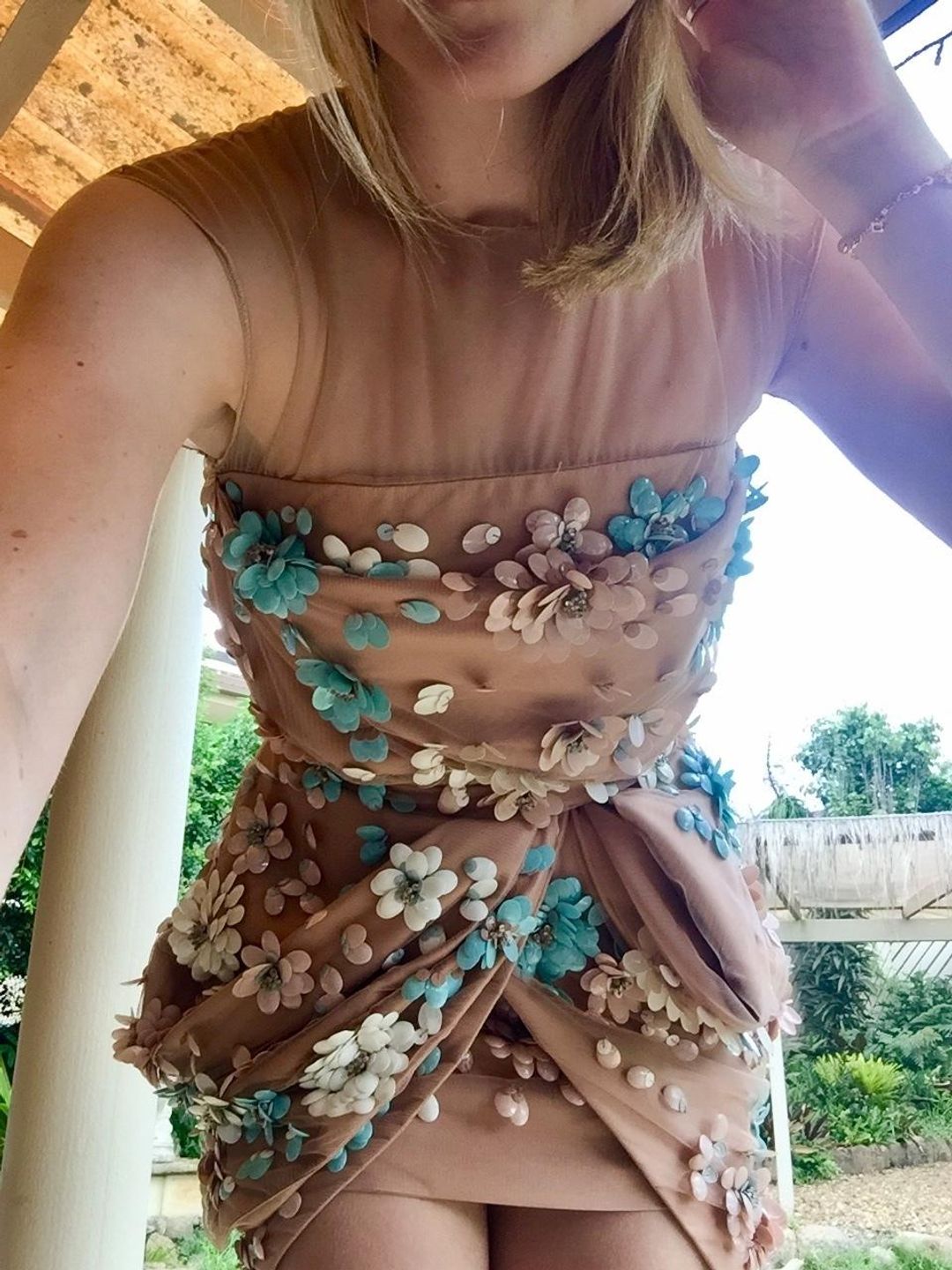 Blumarine 3D Floral Cocktail Dress Nude Size 6 for rent on The Volte - main image