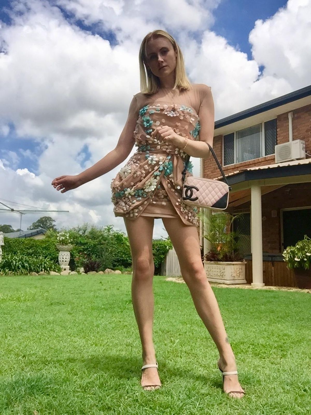 Blumarine 3D Floral Cocktail Dress Nude Size 6 for rent on The Volte - main image