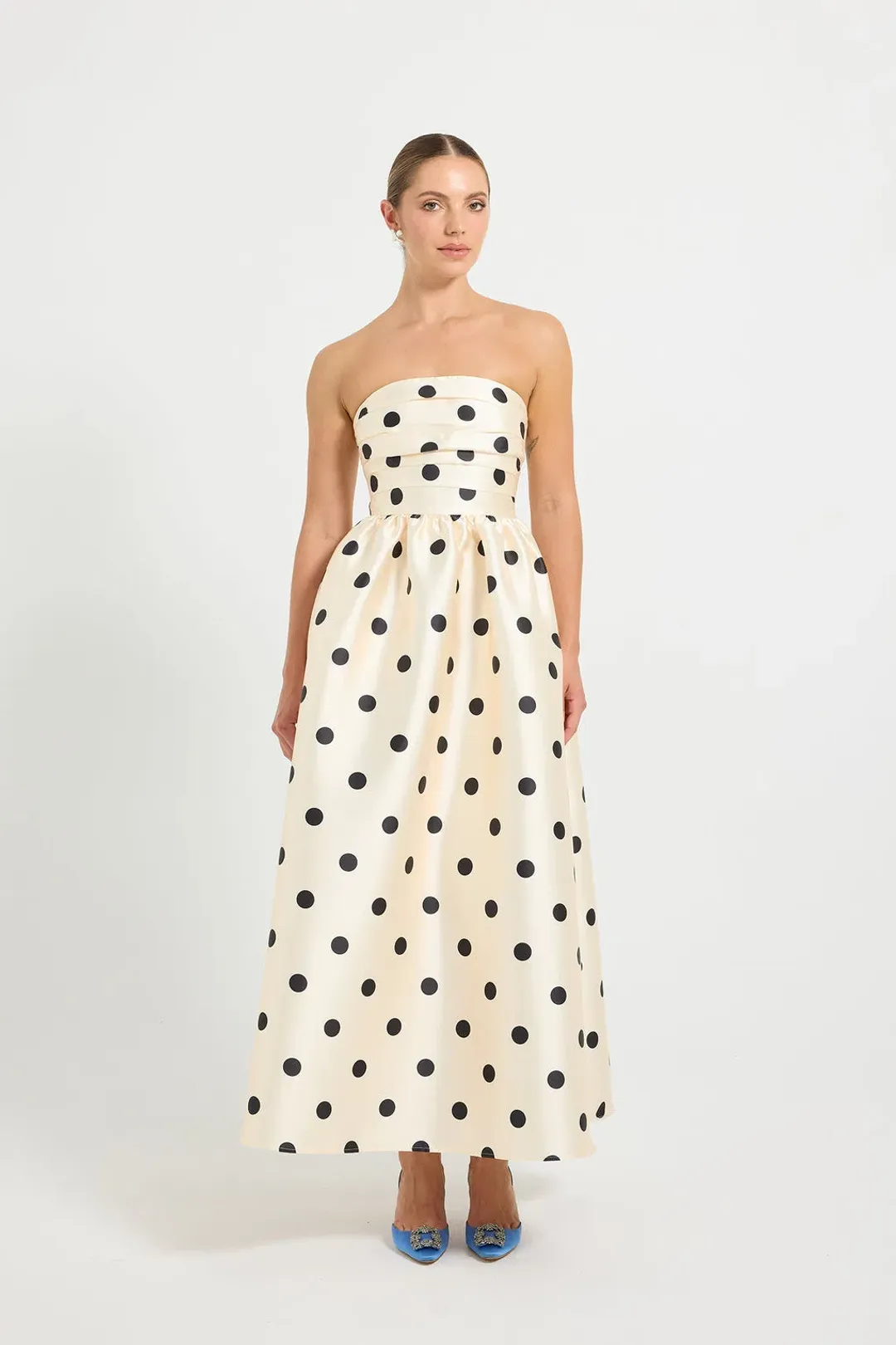 Pasduchas Dottie Strapless Midi Cream Black Dot size 10 for rent on The Volte - main image