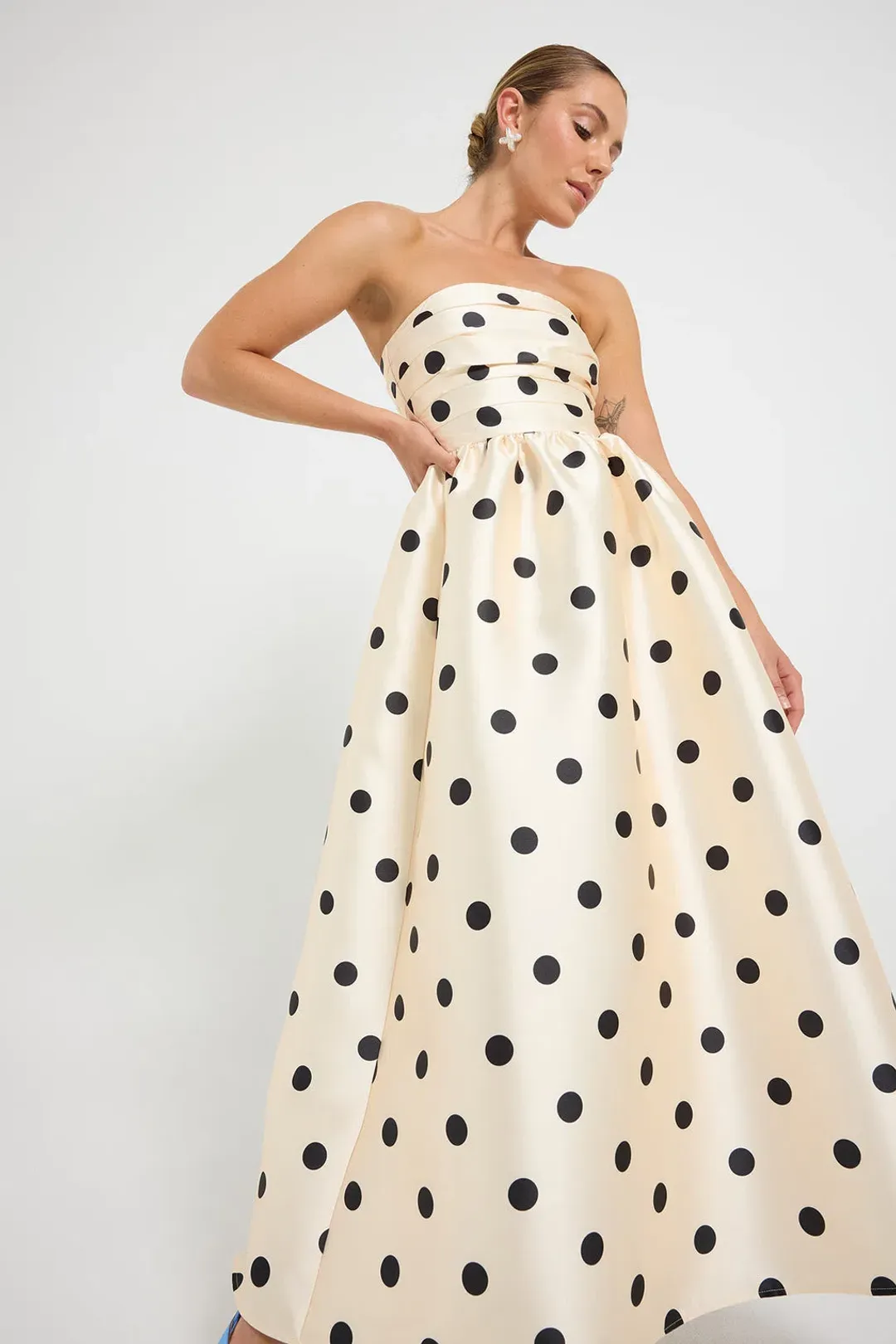 Pasduchas Dottie Strapless Midi Cream Black Dot size 10 for rent on The Volte - main image