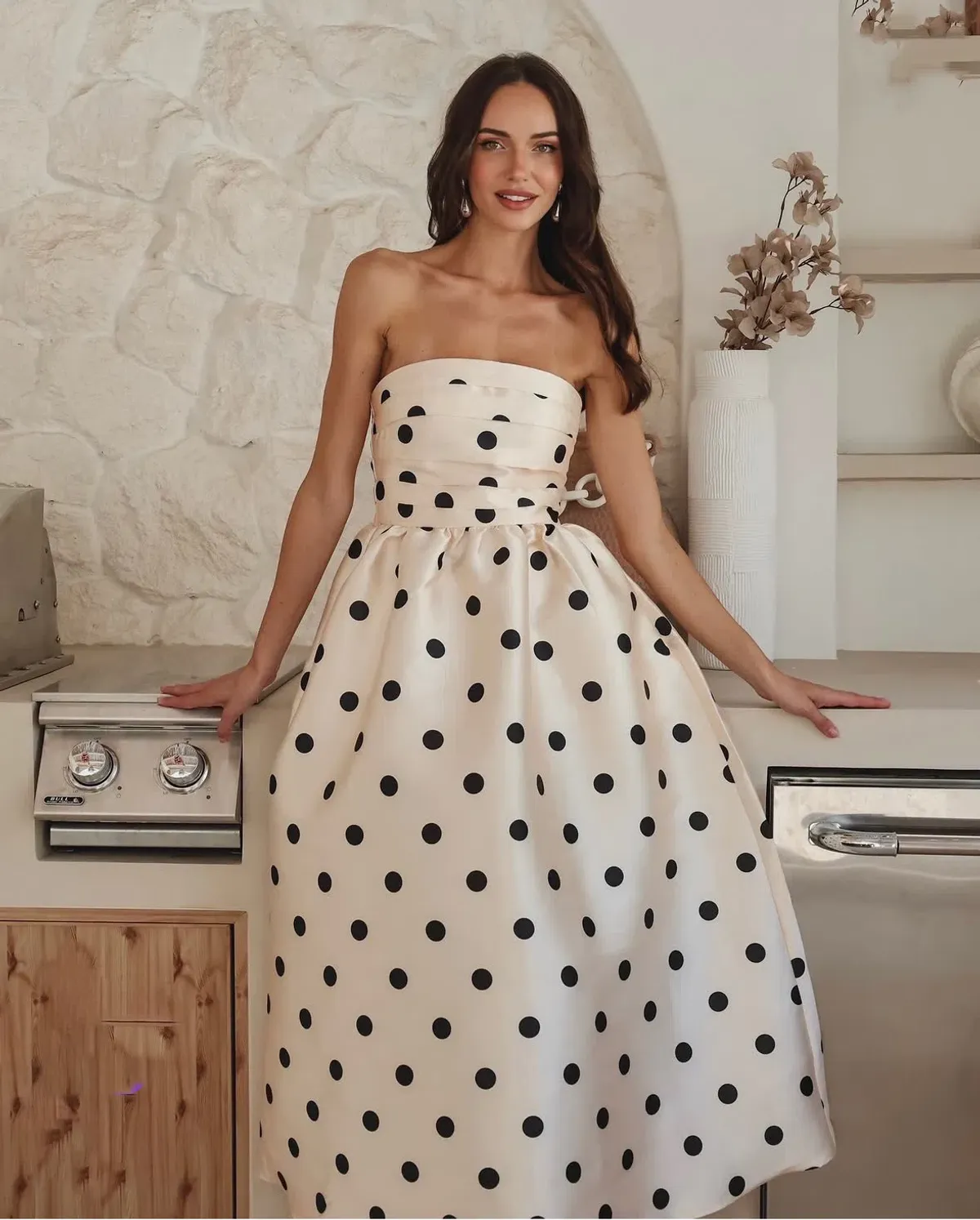 Pasduchas Dottie Strapless Midi Cream Black Dot size 10 - Image 10