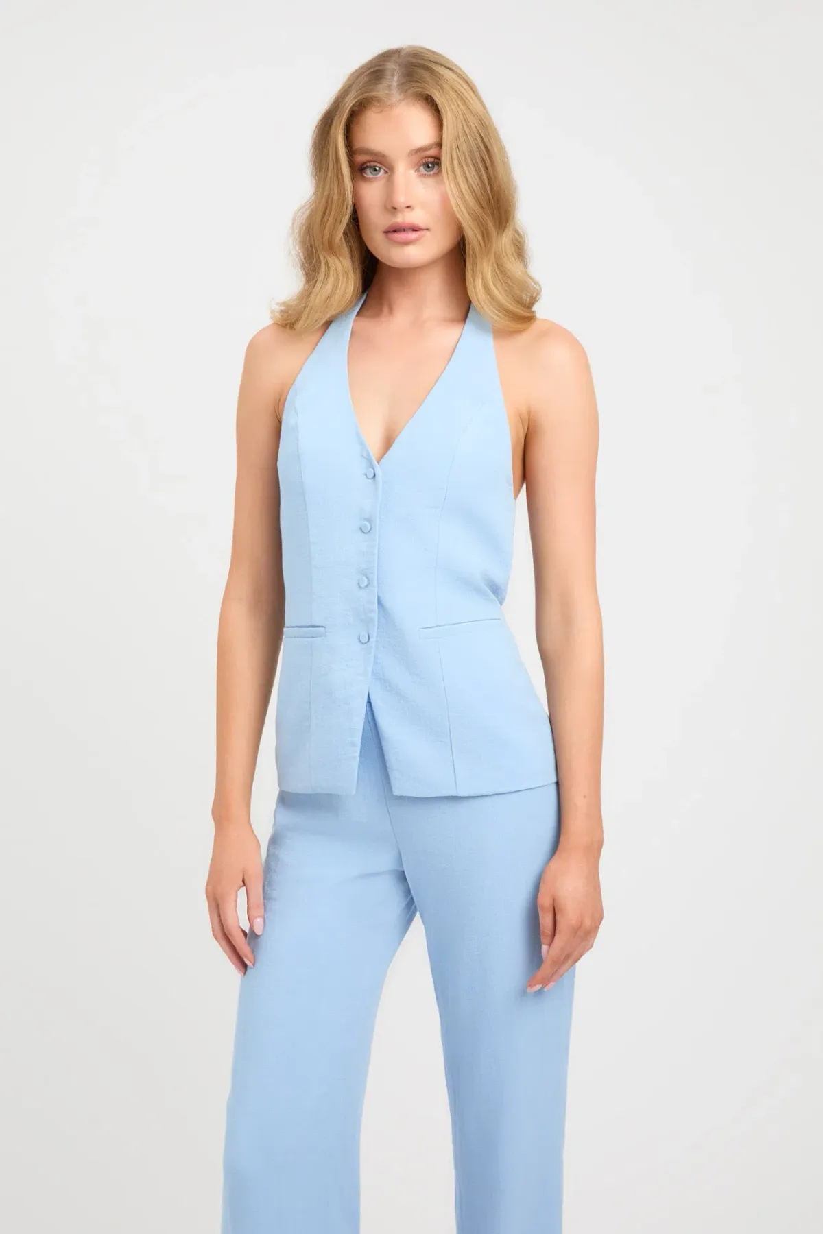 Kookai Hayman Long-Line Vest & Ariel Pants Set Soft Blue & Slate Blue Size 8-10 — Races, Cocktail, Wedding Guest - Image 3