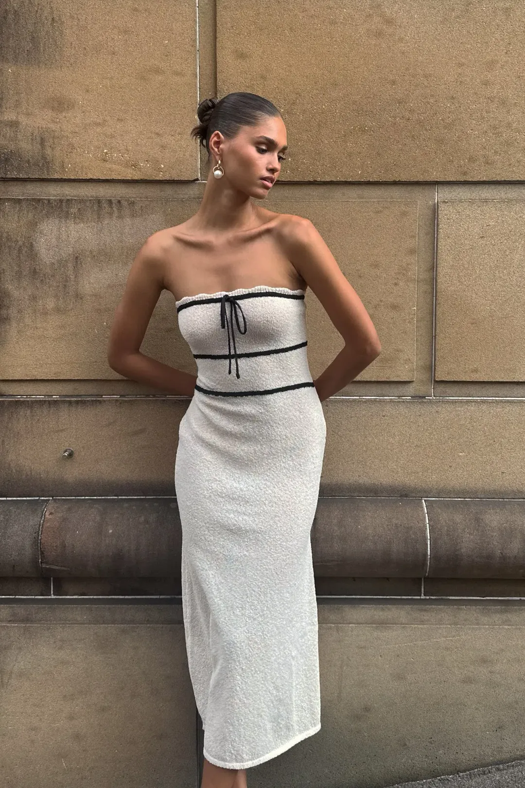 Meshki Dawn Strapless Knit Midi Dress Cream Size 12 / L — Cocktail, Wedding Guest, Races for rent on The Volte - main image