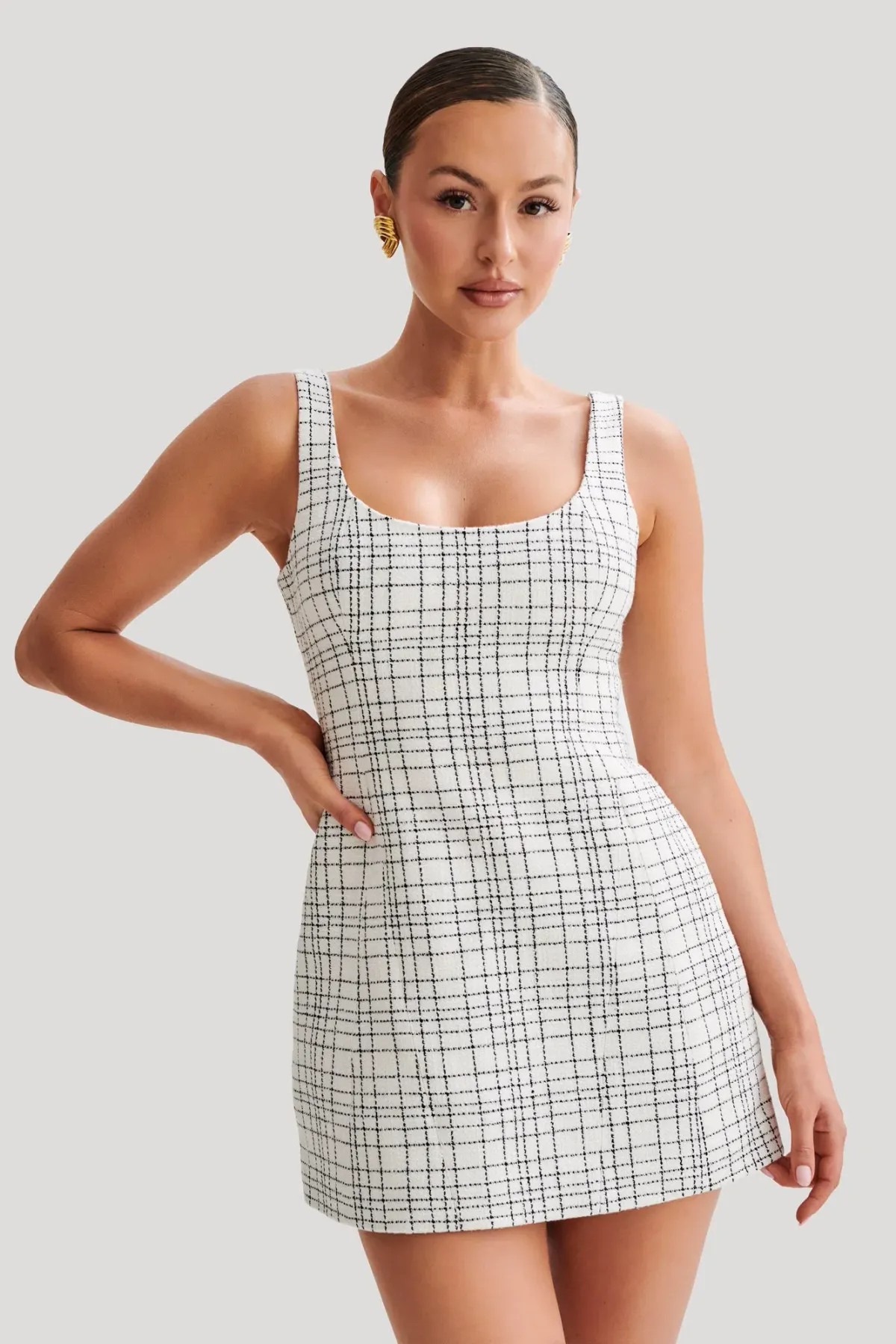 Beth Tweed Mini Dress White Check Size 8 / S — Races, Cocktail Party, Wedding Guest, Daytime - Image 1