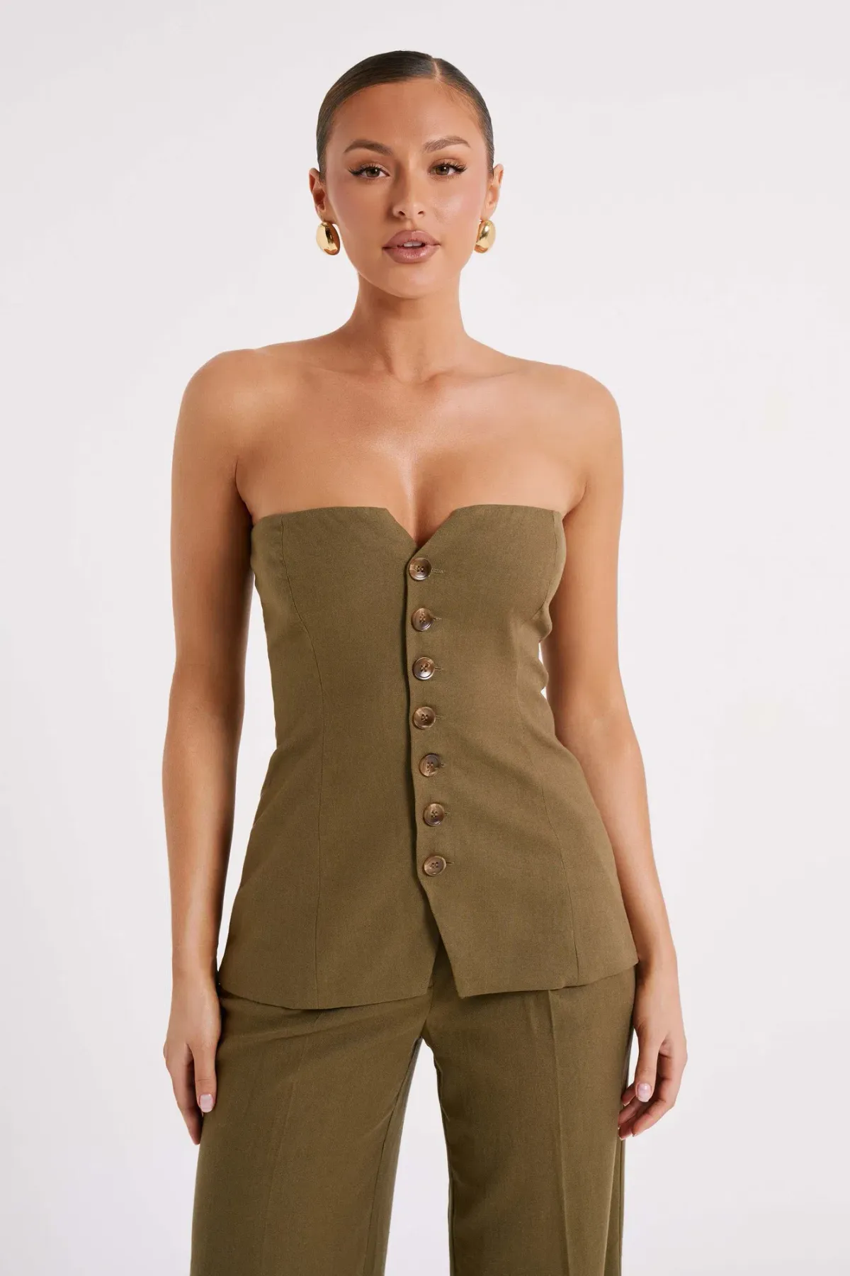 Innis Linen Longline Strapless Top Olive Khaki Size 10 / M — Spring Racing Carnival, Cocktail Party, Wedding Guest, Garden Party, Resort Wear - Image 1