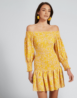 Seed Heritage Shirred Off Shoulder Mini Dress Yellow Size 10 for rent on The Volte - image 2