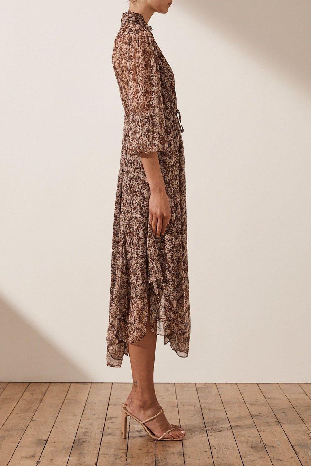 Shona Joy Blossom Plunged Godet Midi Dress Brown Size 6 for rent on The Volte - main image