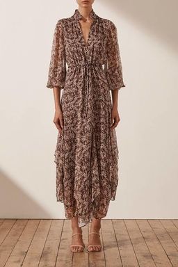 Shona Joy Blossom Plunged Godet Midi Dress Brown Size 6 for rent on The Volte - image 2
