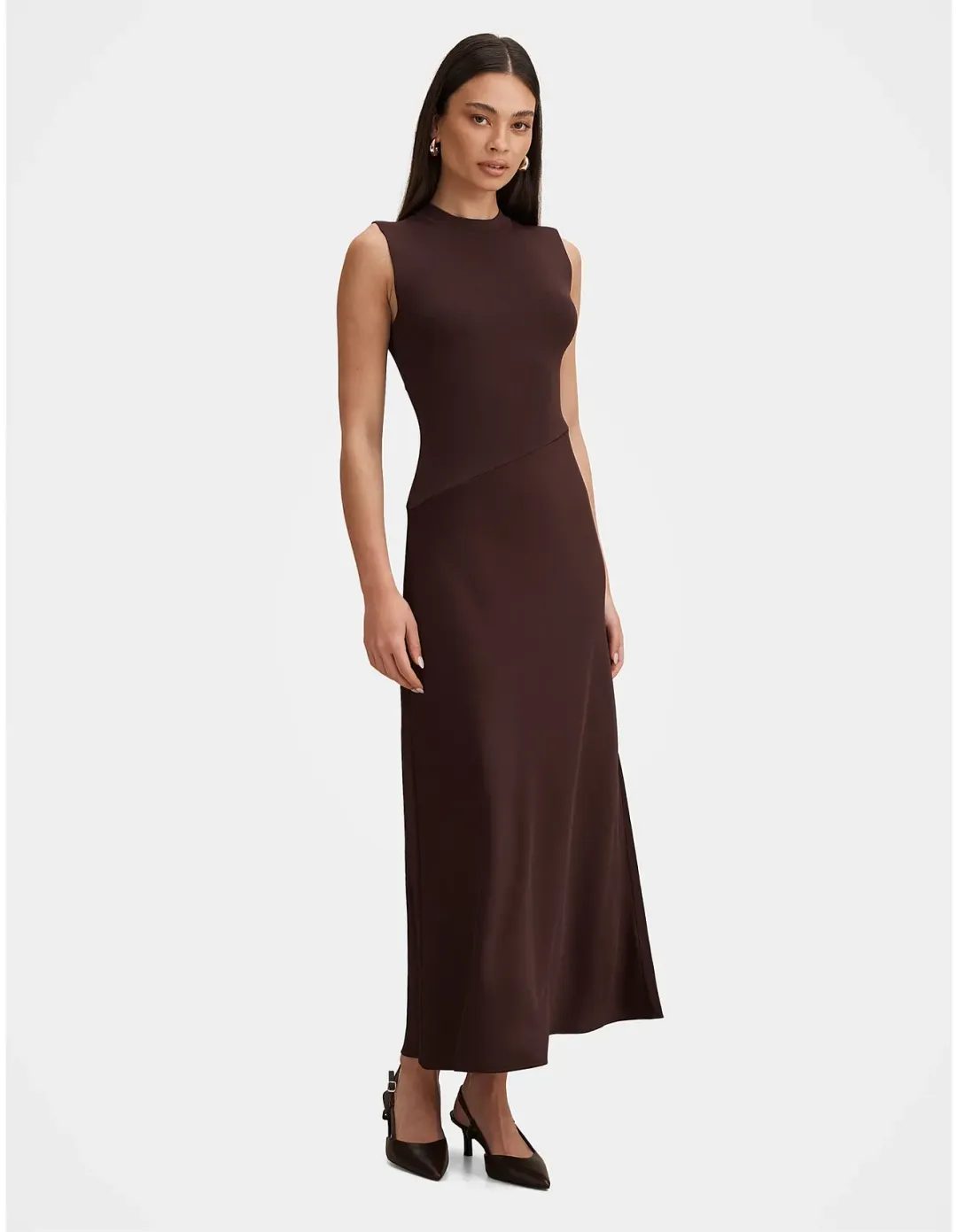 Forever New Jayden Satin Mixed Midi Dress Size 6 Chocolate for rent on The Volte - main image