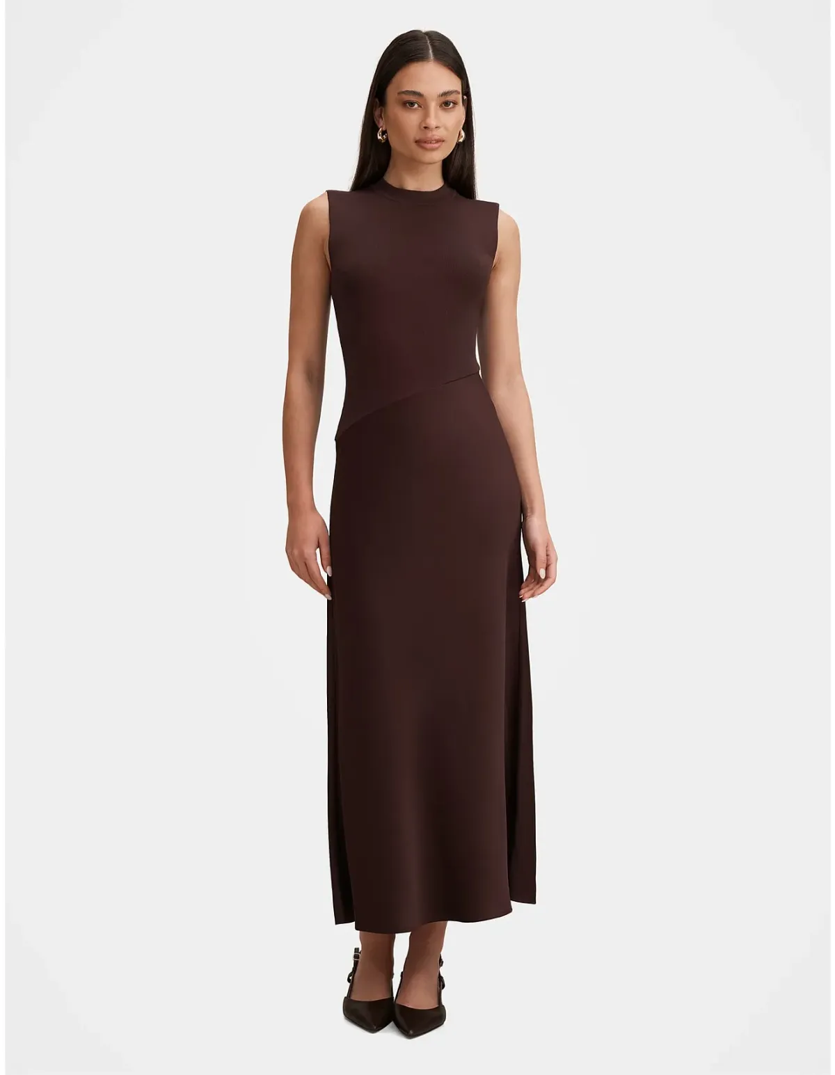 Forever New Jayden Satin Mixed Midi Dress Brown Size 6 - Image 1