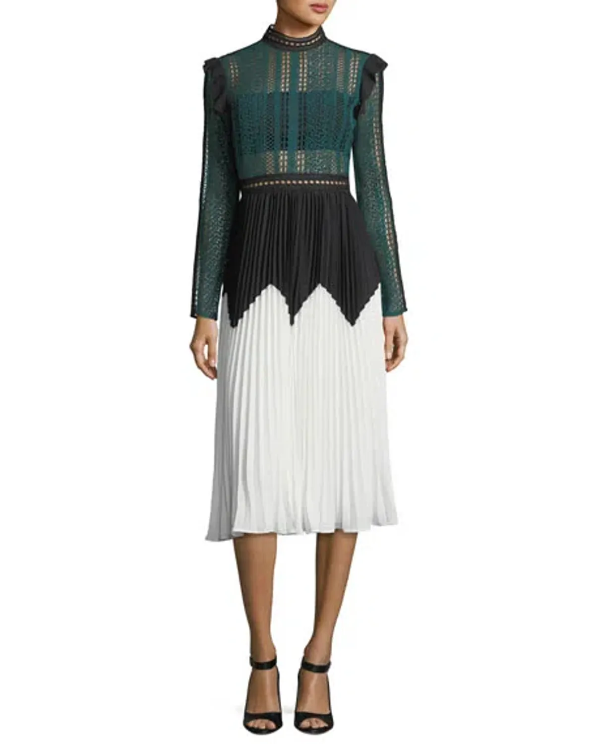 Self Portrait Stripe Panelled Lace Midi Dress Green Size 14 - Image 1