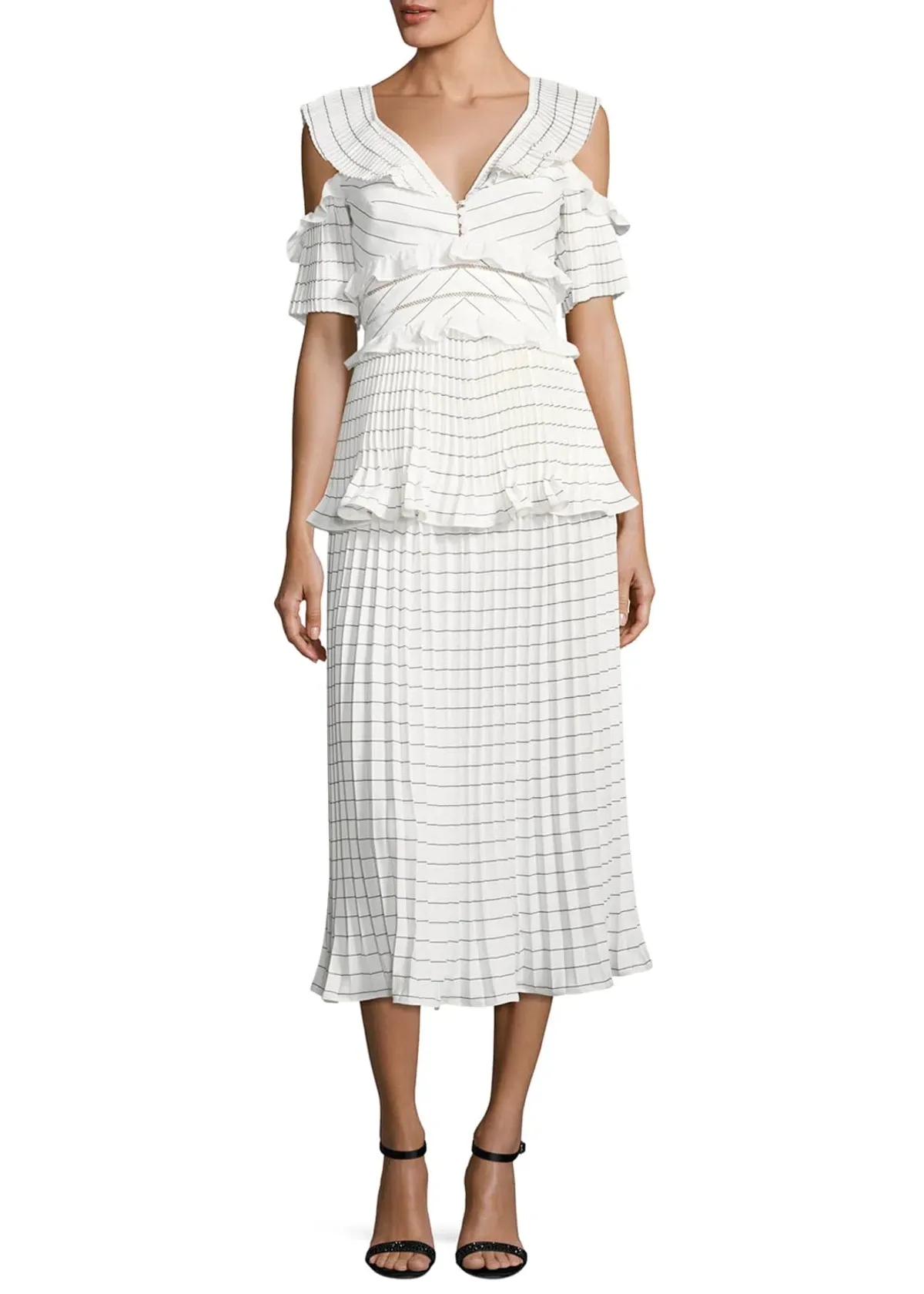 Self Portrait Monochrome Striped Pleated Midi Cocktail Dress White/Striped Size 10 - Image 1