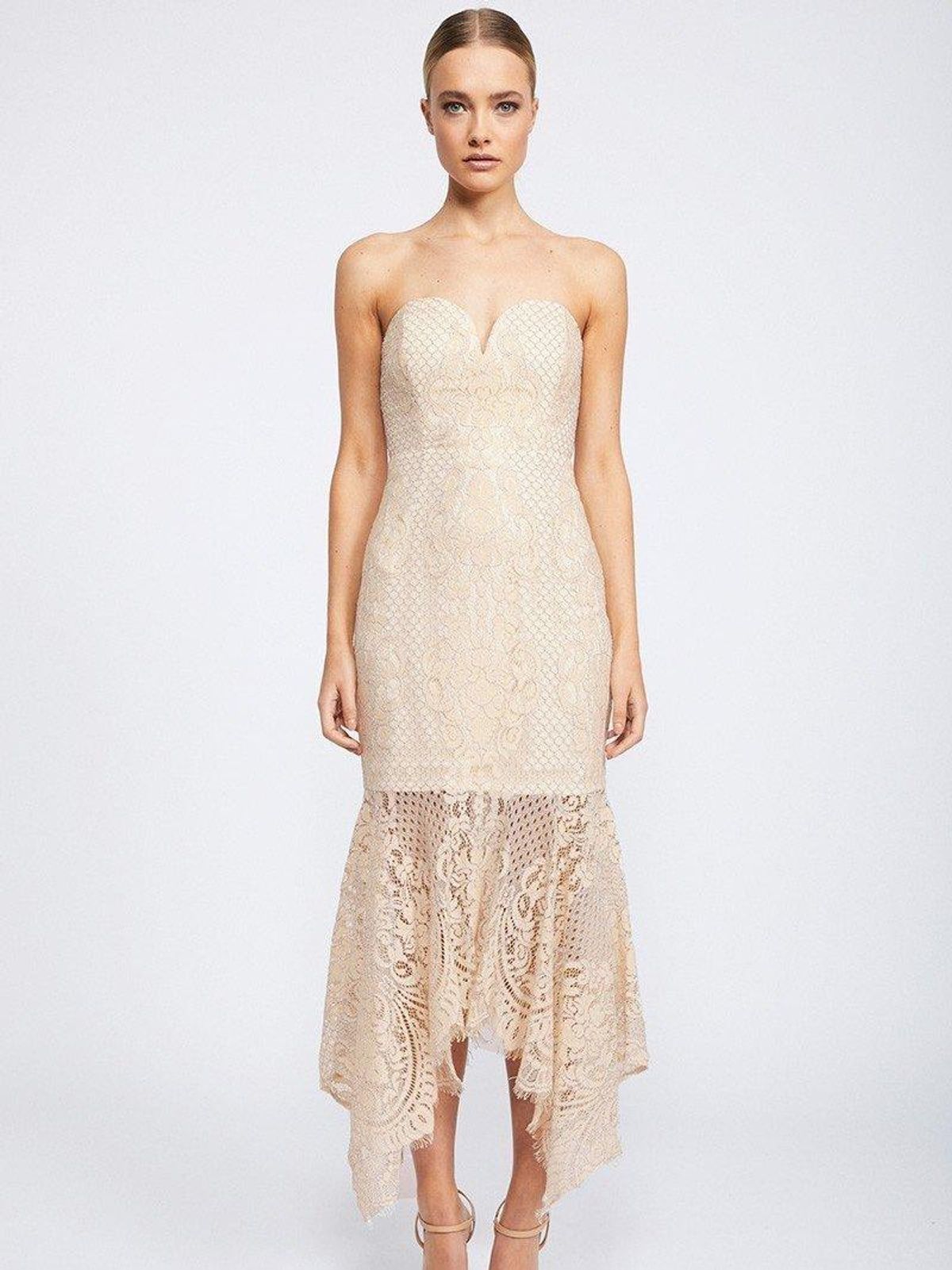 Shona Joy Lace Bustier Handkerchief Midi Dress Nude size 8 - Image 1