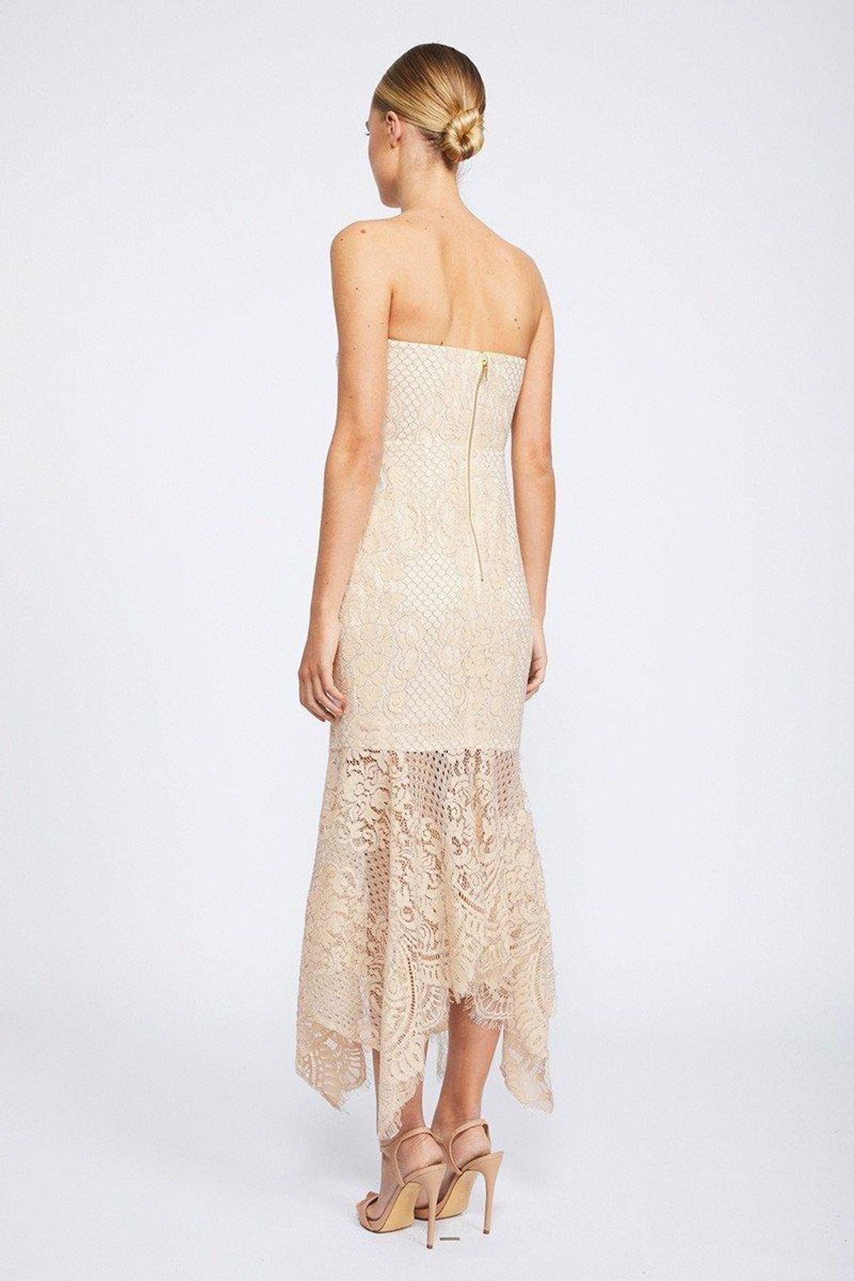 Shona Joy Lace Bustier Handkerchief Midi Dress Nude size 8 - Image 3