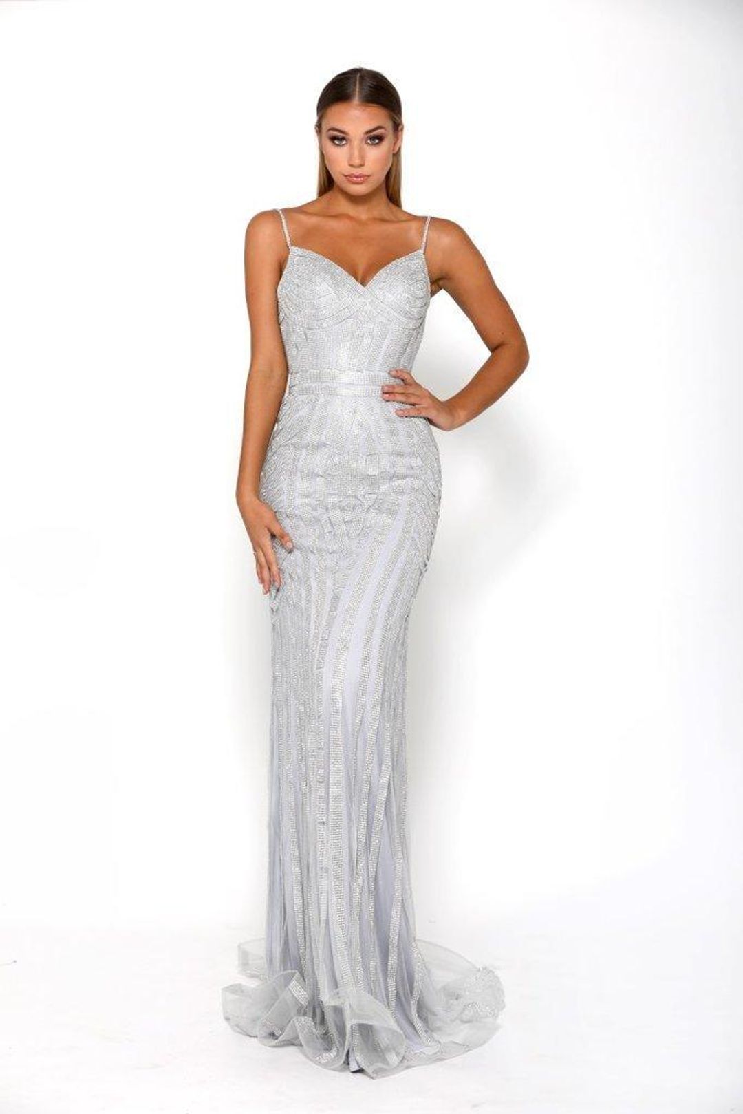 Portia and Scarlett Lourdes Gown Silver Size 8 for rent on The Volte - main image