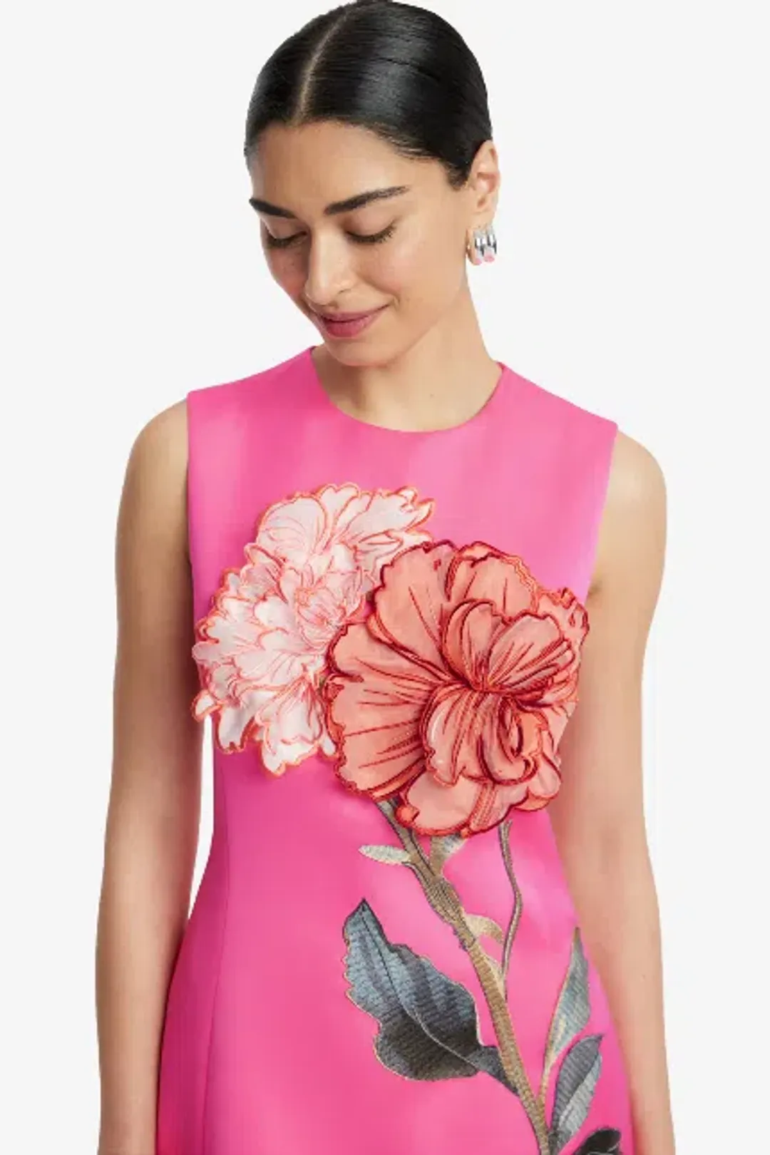 Leo Lin Cleo Appliqué Sleeveless Midi Dress in Peony Print in Fuchsia Size 16 / XXL for rent on The Volte - main image