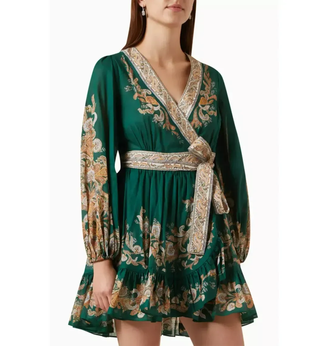 Devi Wrap Mini Dress Emerald / Paisley for rent on The Volte - main image
