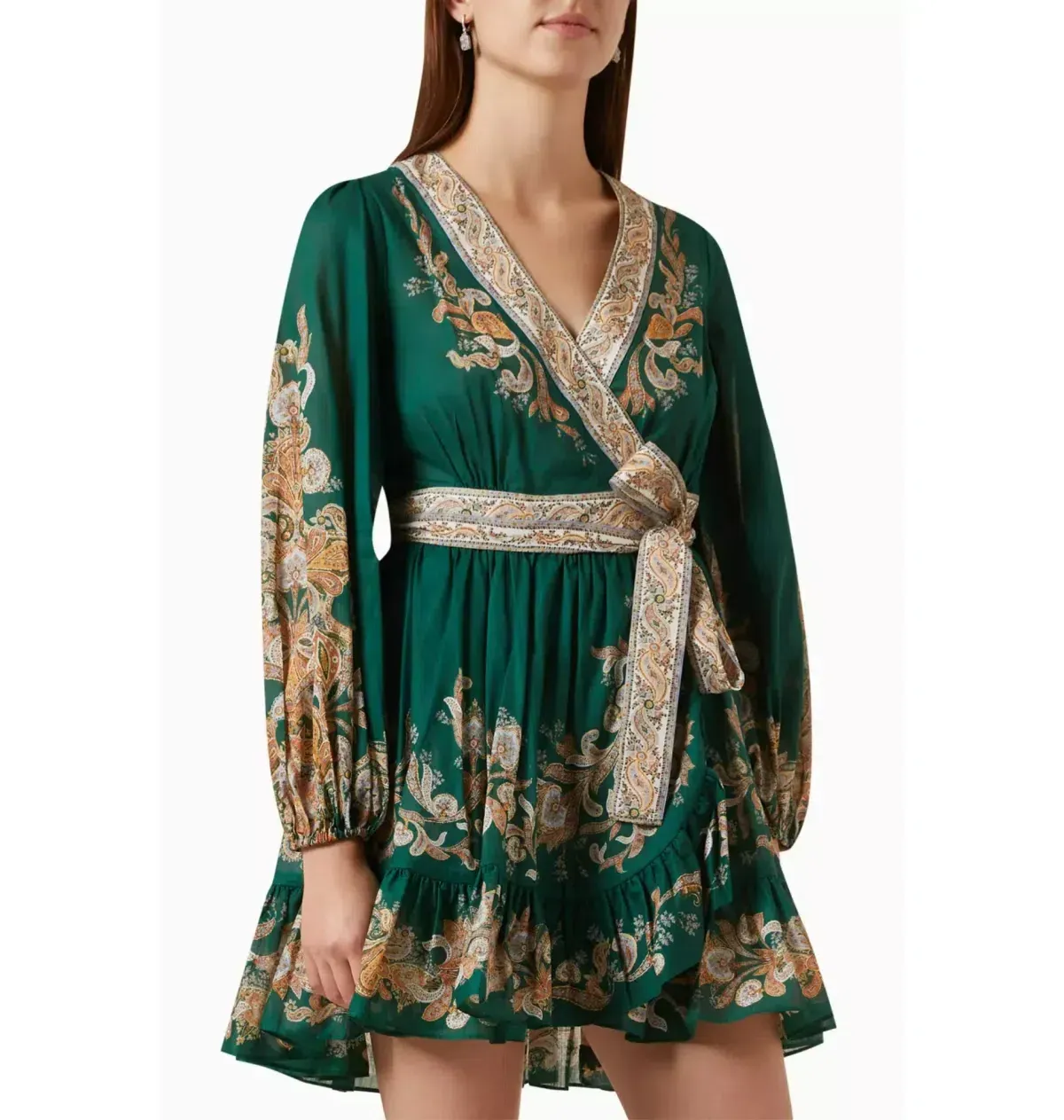 Devi Wrap Mini Dress Emerald / Paisley - Image 2
