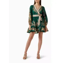 Devi Wrap Mini Dress Emerald / Paisley for rent on The Volte - image 1