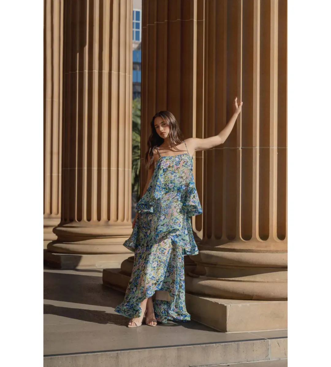 Elliatt Armani Tiered Maxi Dress In Blue Floral Size S/AU 8 for rent on The Volte - main image