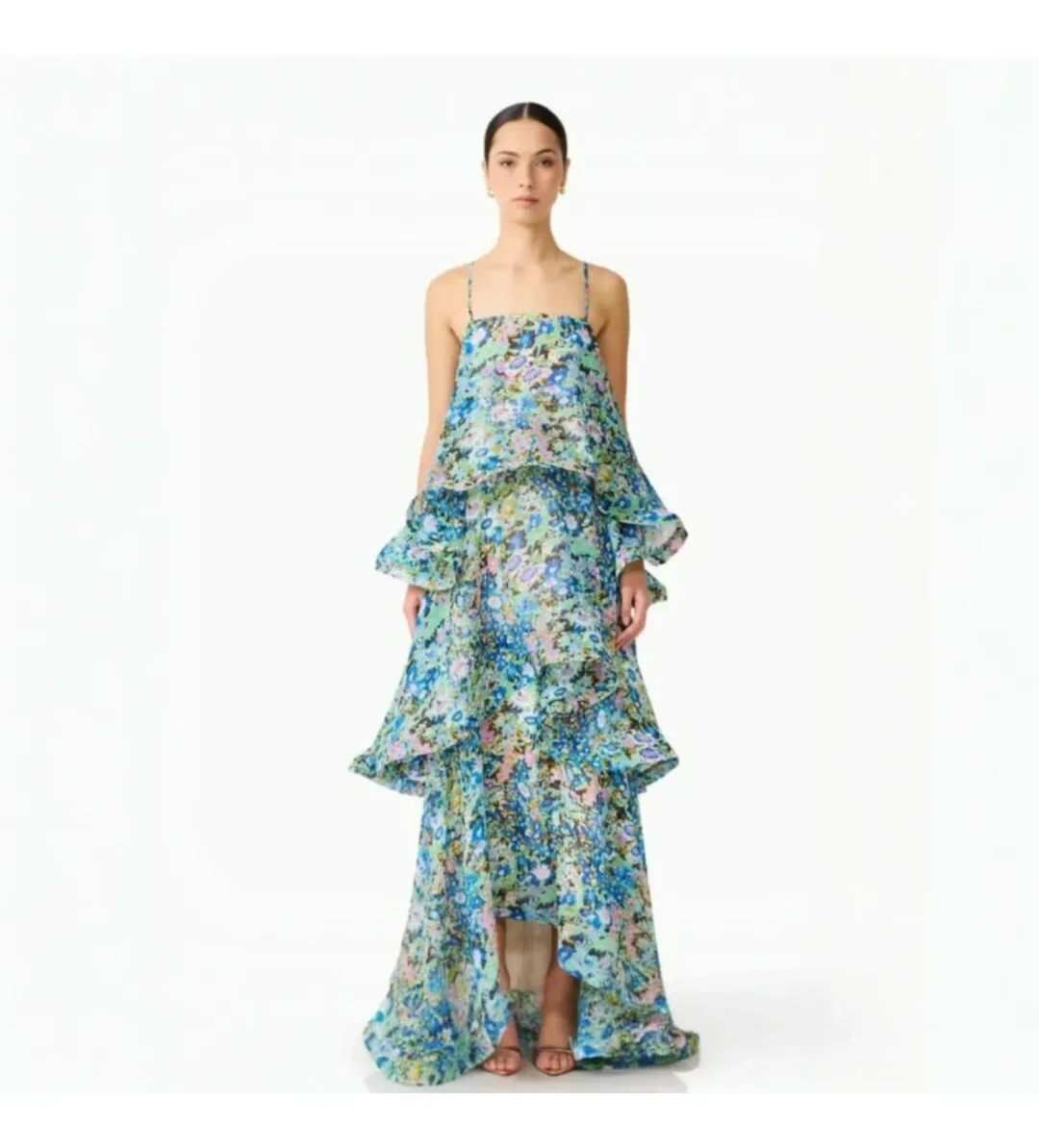 Elliatt Armani Tiered Maxi Dress In Blue Floral Size M/AU 10 for rent on The Volte - main image