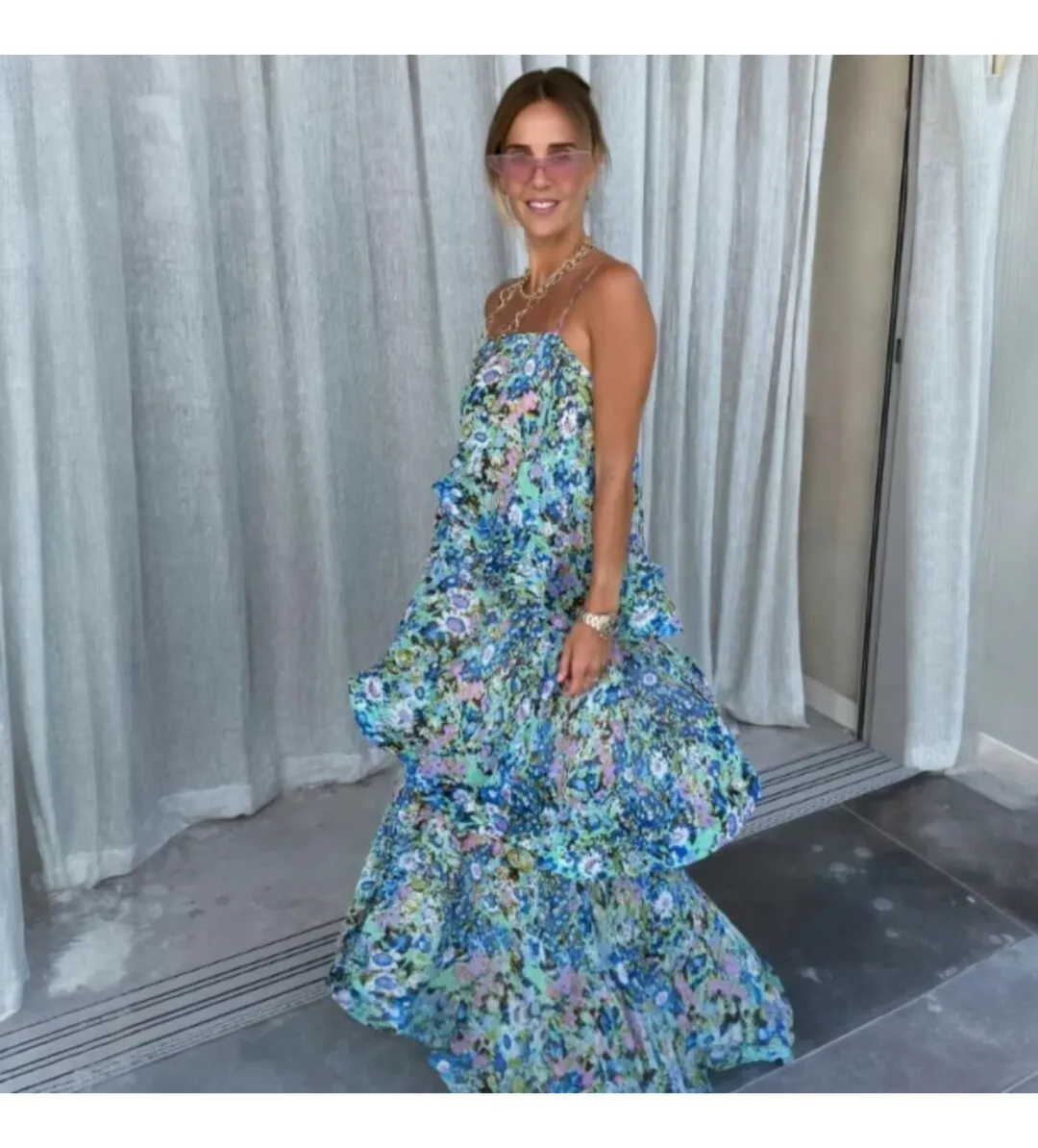 Elliatt Armani Tiered Maxi Dress In Blue Floral Size M/AU 10 for rent on The Volte - main image