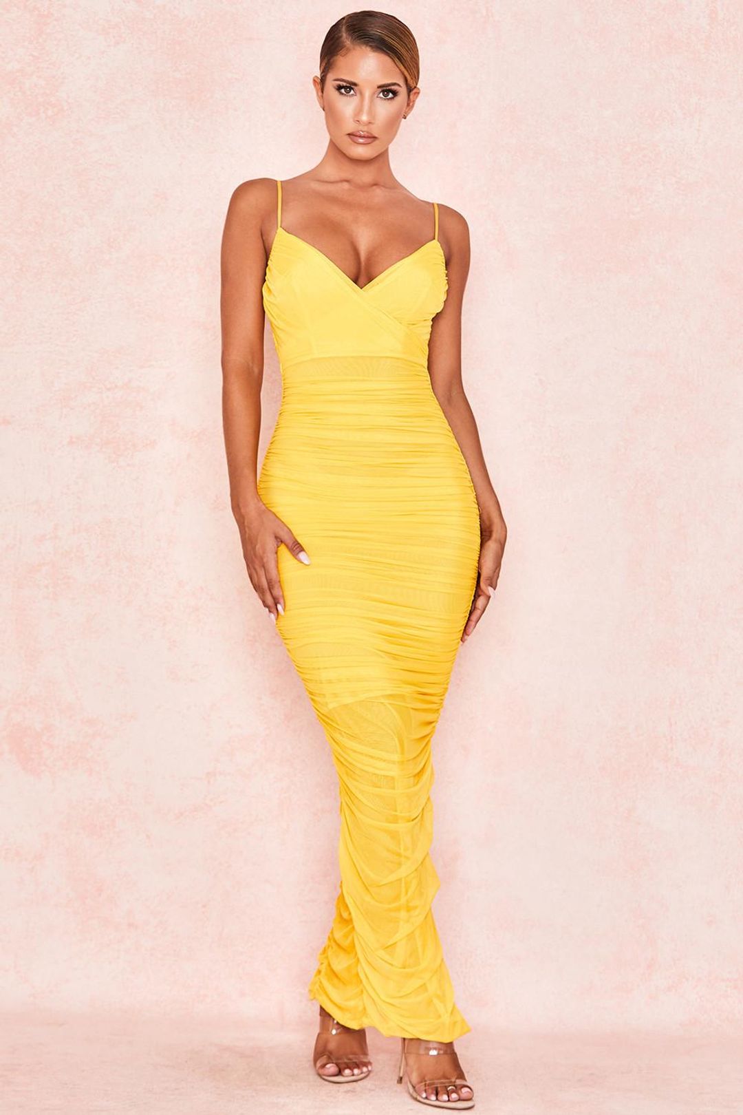 House of CB 'Belle Nuit' Ruched Mesh Maxi Dress Yellow Size 8 for rent on The Volte - main image