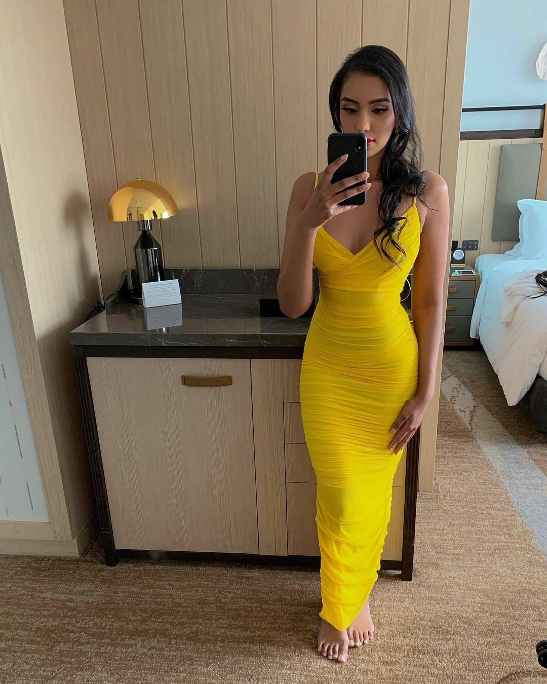 House of CB 'Belle Nuit' Ruched Mesh Maxi Dress Yellow Size 8 for rent on The Volte - main image