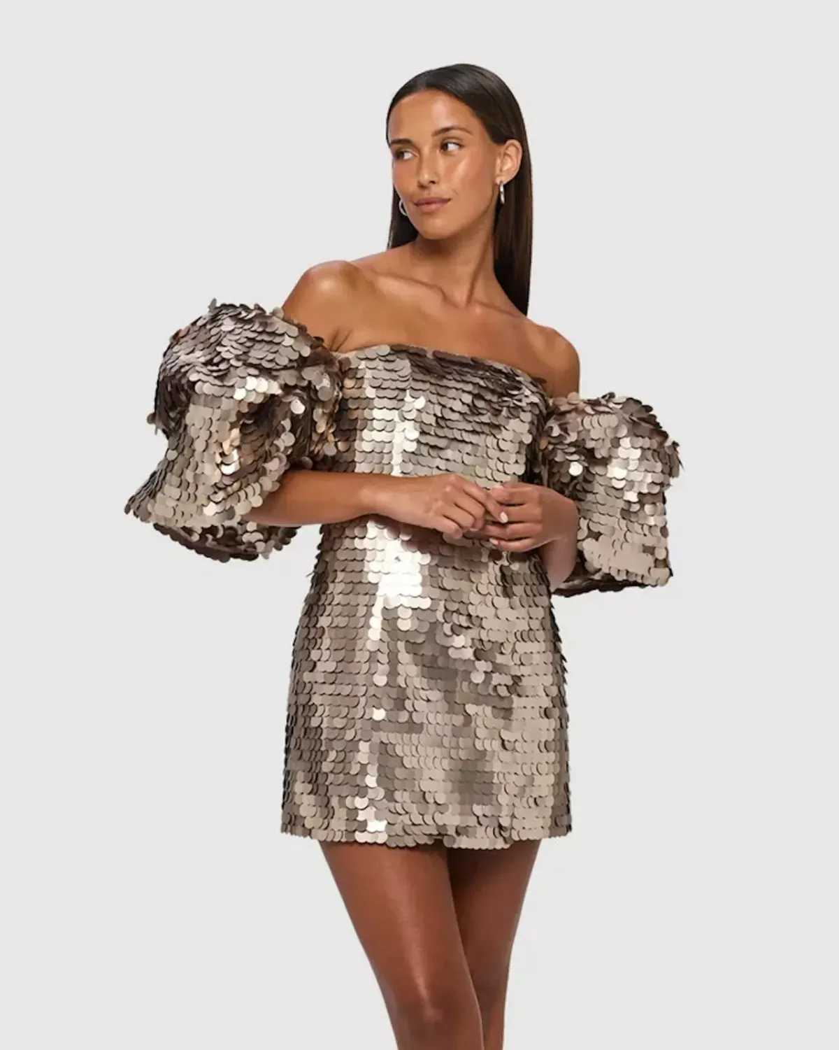 Leo Lin Brenda Sequin Puffy Sleeve Mini Dress Metallic Gold Size AU 14 - Image 1