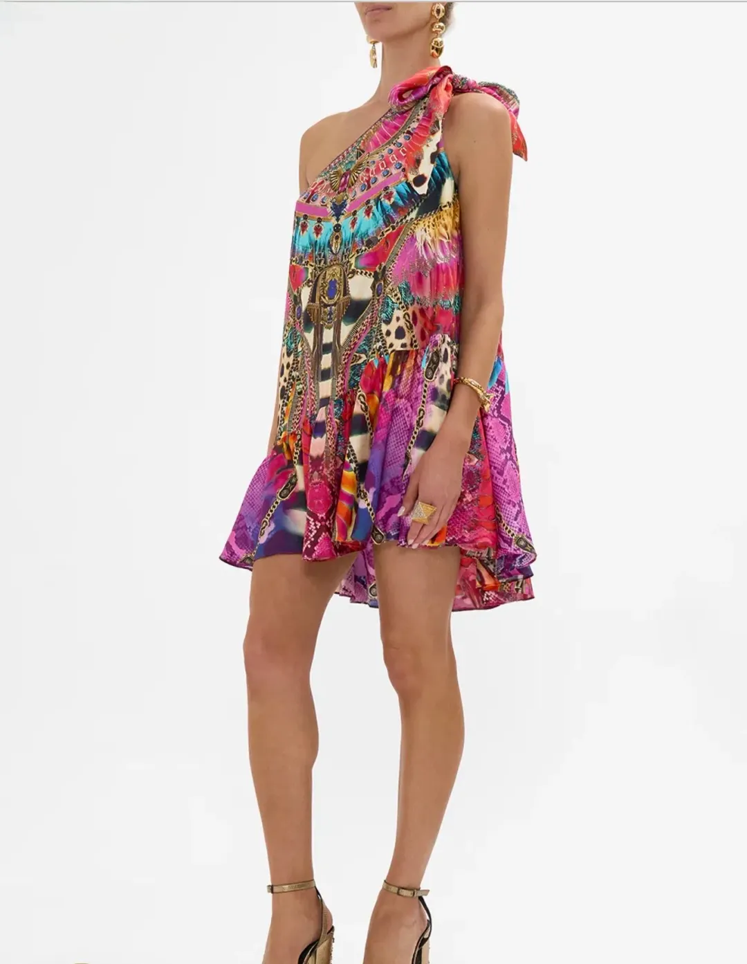 CAMILLA Tie One Shoulder Short Dress — Sahara Supernatural Size XL/XXL Best fit: AU 14–18 for rent on The Volte - main image