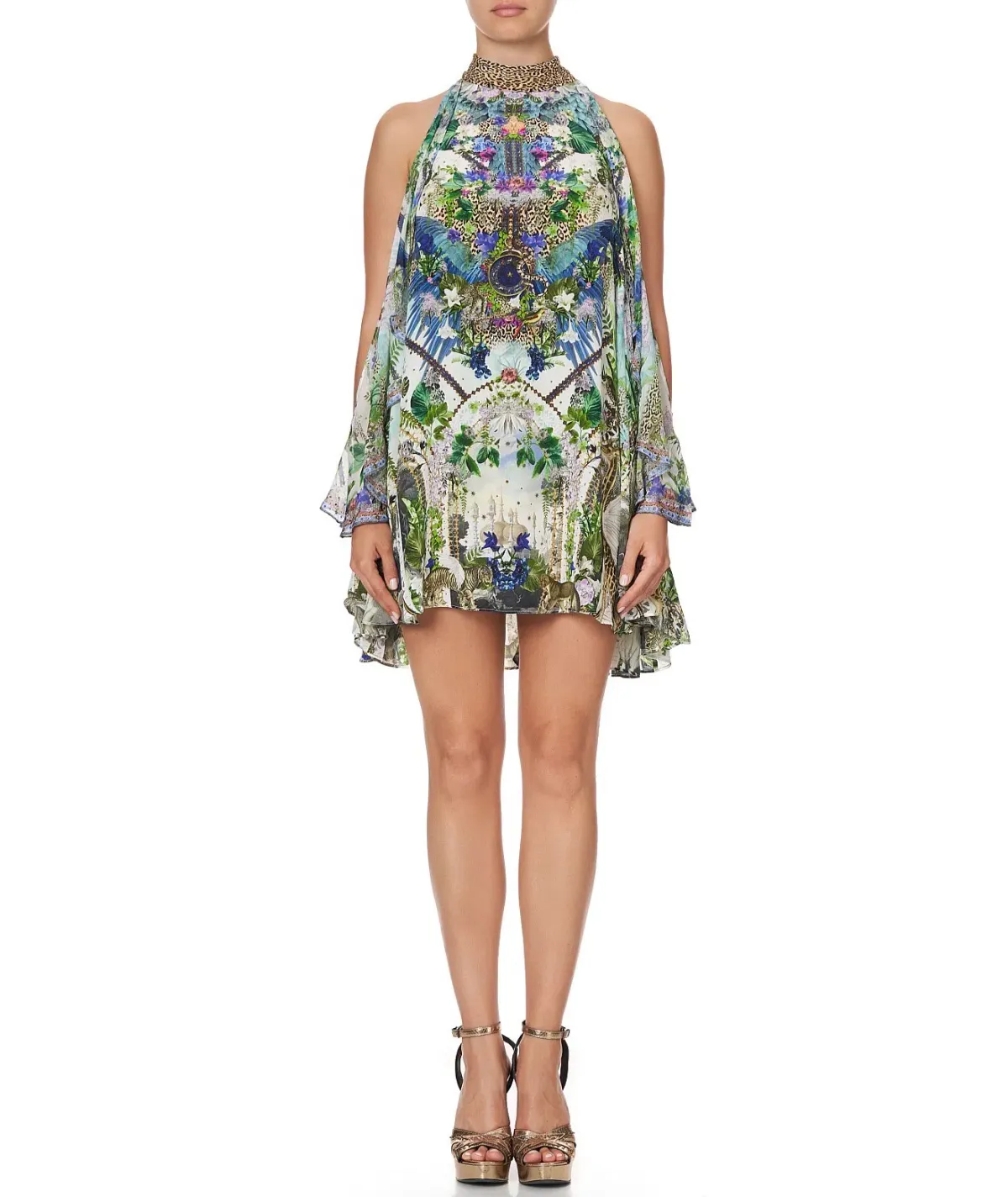 Camilla Neck Tie Short Dress Moon Garden Boho Print Camilla Size M - Image 4