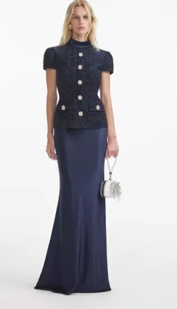 Self Portrait Navy Metallic Boucle Maxi Dress Size 10 for rent on The Volte - image 1