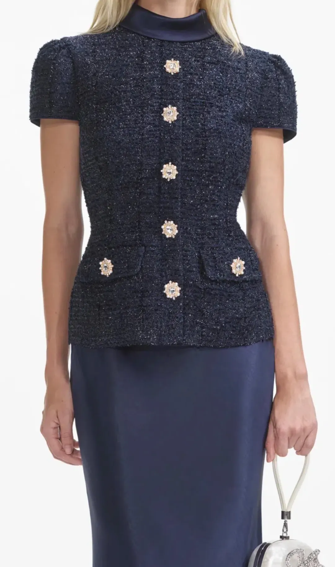 Self Portrait Navy Metallic Boucle Maxi Dress Size 10 for rent on The Volte - main image