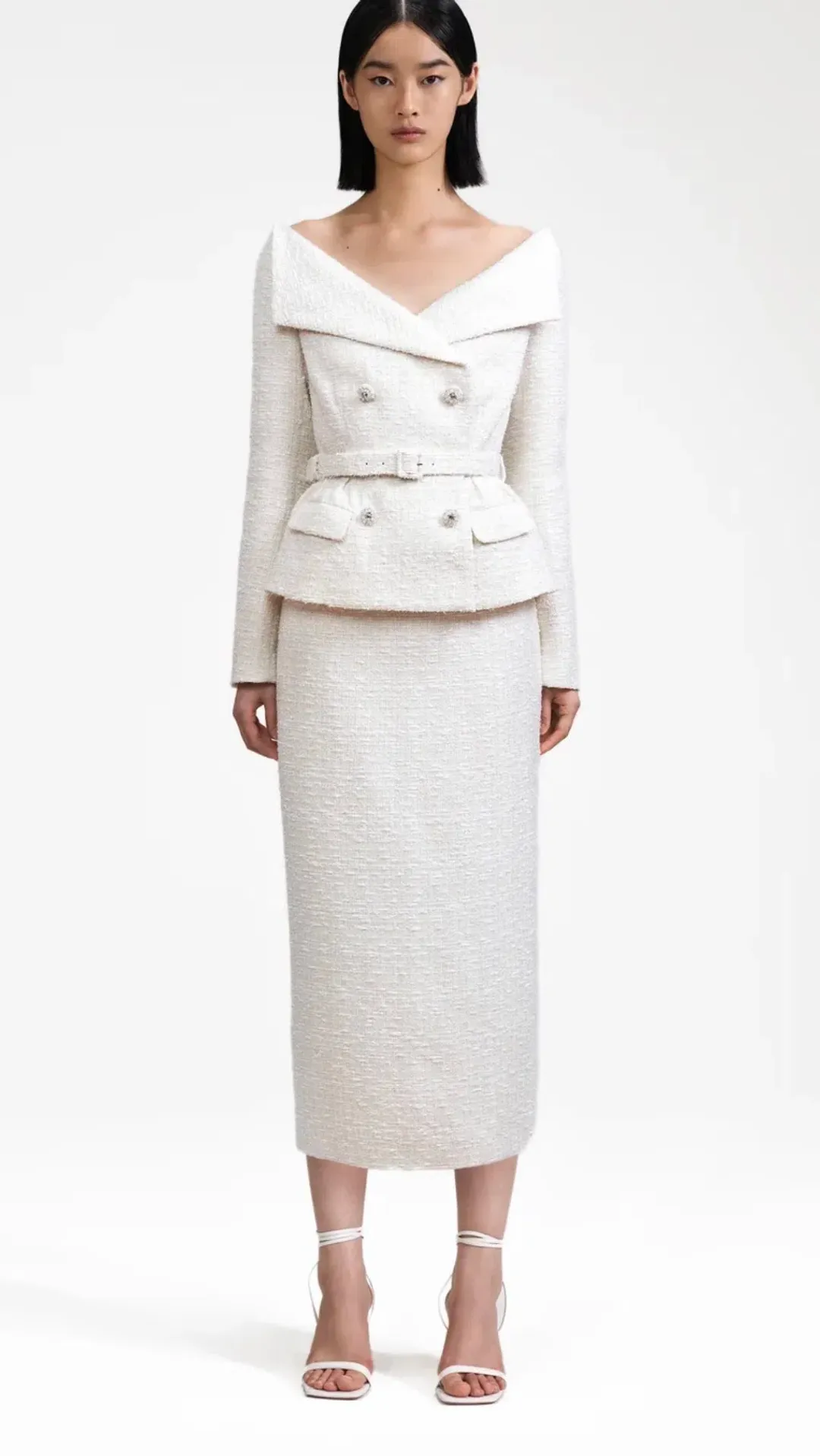 Self Portrait Cream Off The Shoulder Boucle Midi Dress Size 6 for rent on The Volte - main image