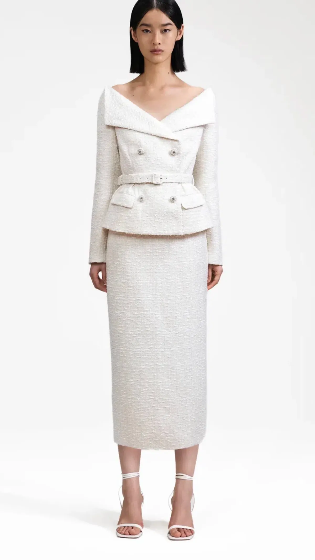 Self Portrait Cream Off The Shoulder Boucle Midi Dress Size 6 - Image 1