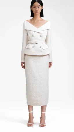 Self Portrait Cream Off The Shoulder Boucle Midi Dress Size 6 for rent on The Volte - image 1