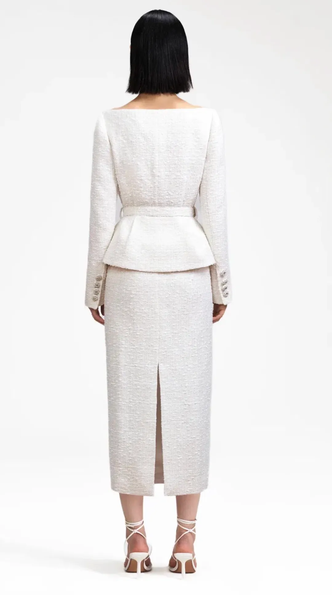 Self Portrait Cream Off The Shoulder Boucle Midi Dress Size 6 for rent on The Volte - main image